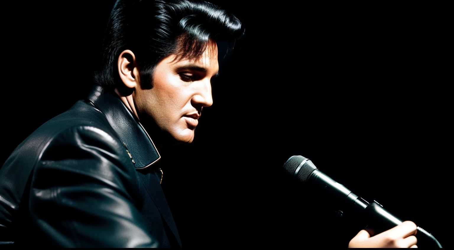 Photo of Elvis Presley, taken with a 50mm lens, with a dark background
