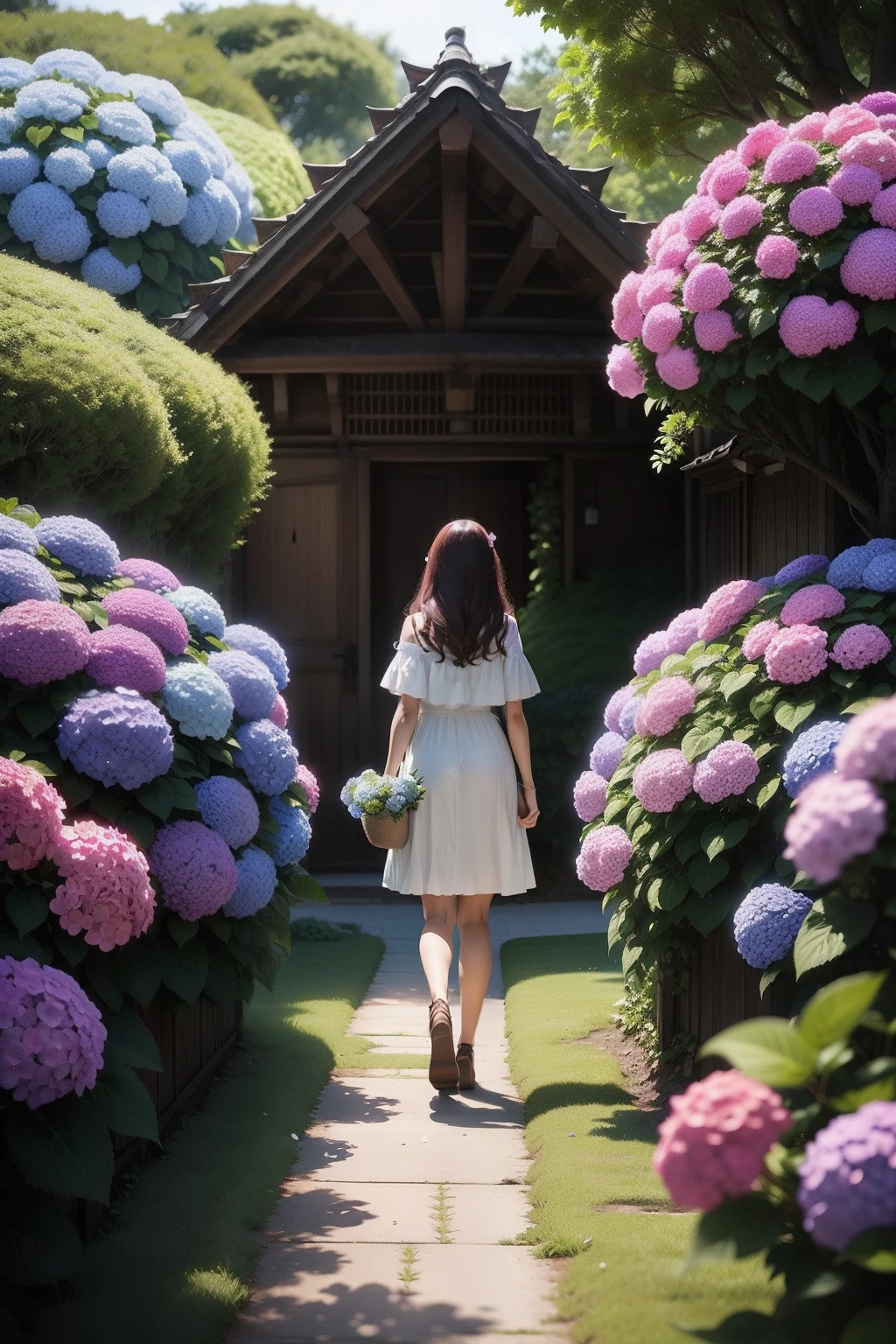 "kills with hydrangeas, rosas coloridas, fadas voando, tree trunks as houses"