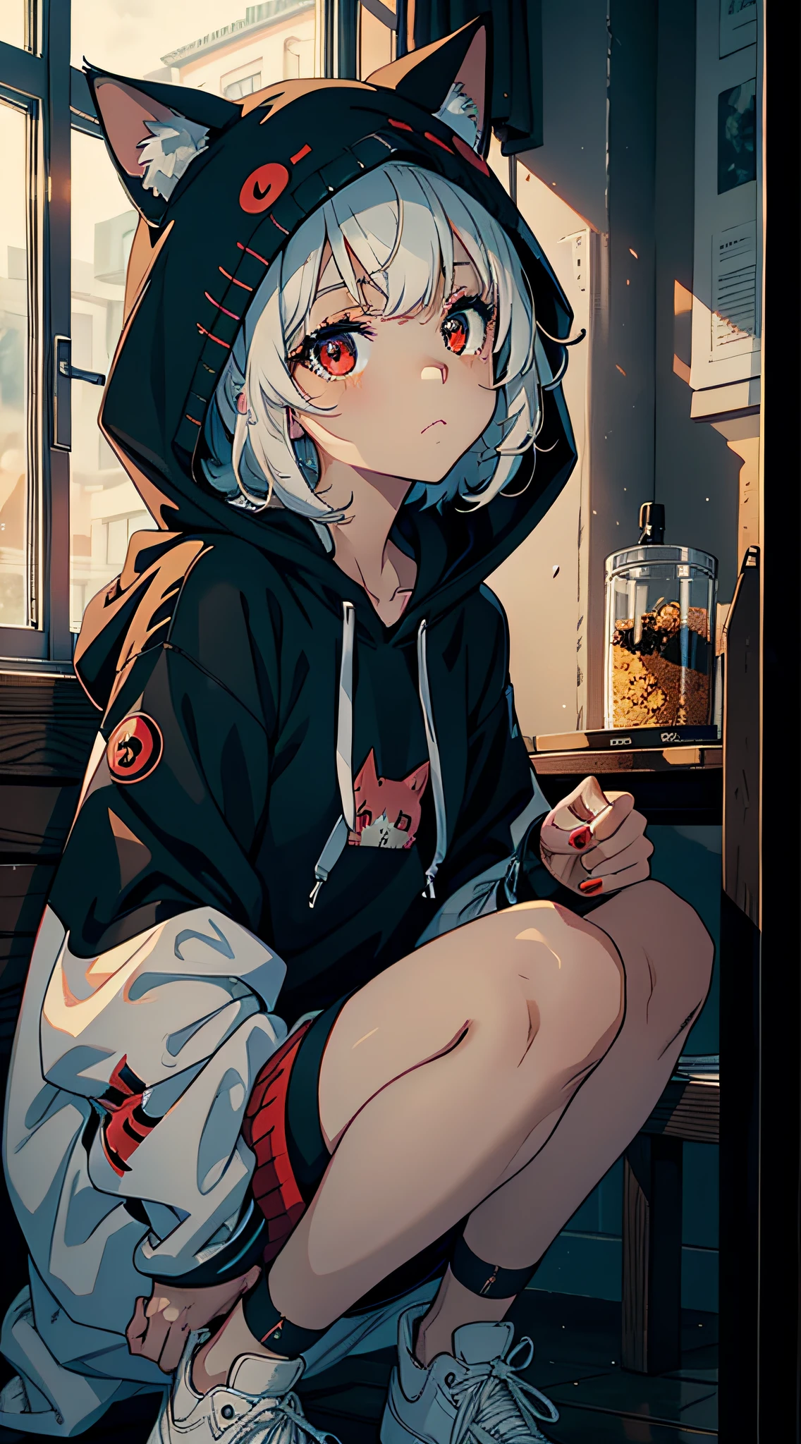 catgirl, 1girl, cat ears, ((cute)), masterpiece, best quality, perfect face, hoodie, hood, looking up, two hands, smal, furr, cozy, warm, window, night, long hoodie, no_pants, 4k, wallpaper, close up, digital art, anime style, beautiful eyes, intimate, detailed, warm colors, red eyes