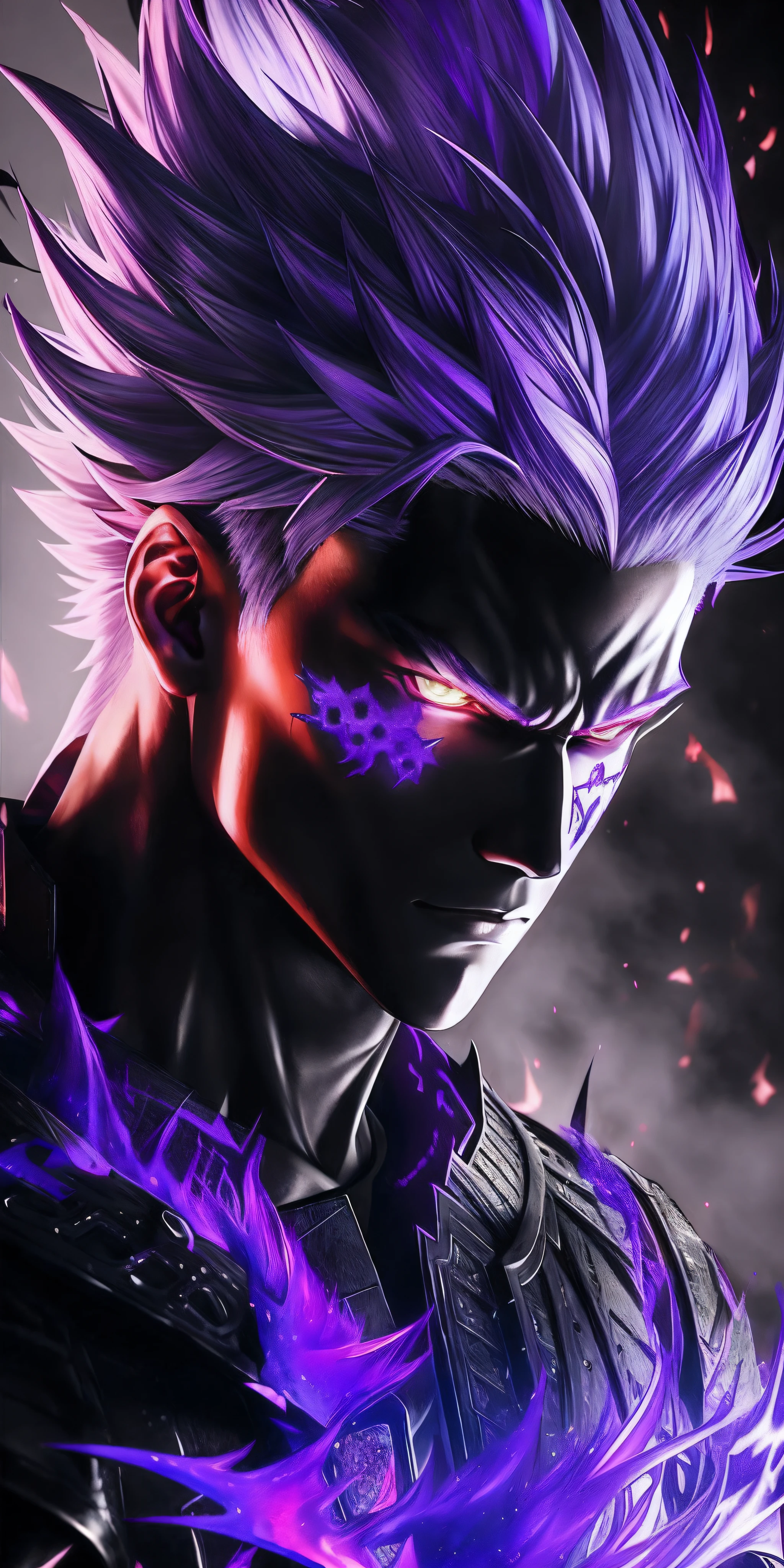 a close up of a person with purple hair and a purple and black outfit, son of sparda, badass anime 8 k, detailed digital anime art, vergil, trigger anime artstyle, as a character in tekken, advanced digital anime art, anime epic artwork, striking manga artstyle, stunning anime face portrait, advanced anime digital art