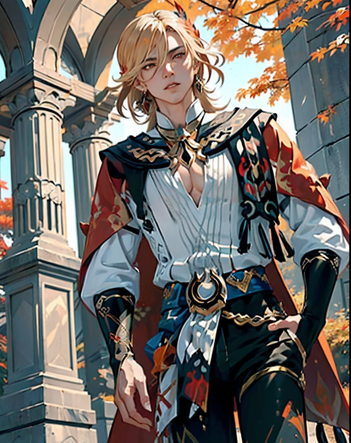 ((masterpiece, best quality)),  ((autumn, maple leaf, autumn orange leaves)), kaveh, blond hair, red eyes, ((black pants)), feather hair ornament, white shirt with red details and embroidery, 1man solo, outside, autumn trees, park with statues and columns