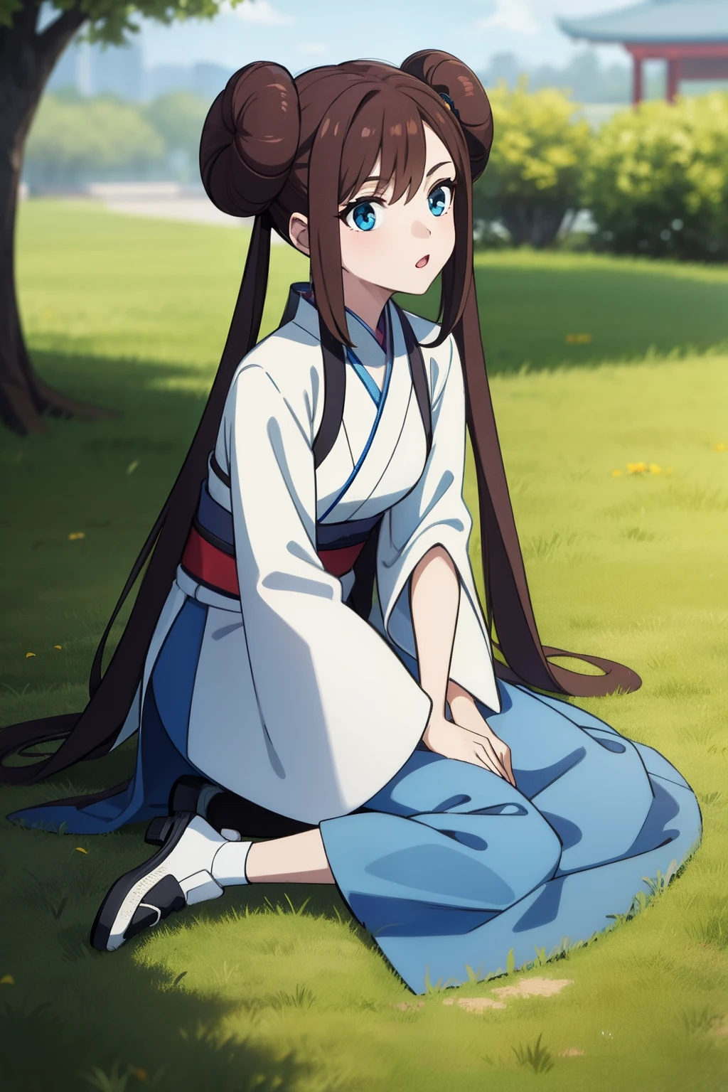 ro1, hair bun, twintails, long hair, blue eyes:1.5, hanfu, tang style, full body, sitting on ground, perfect eyes:1.2, detailed eyes:1.4, masterpiece, best quality,