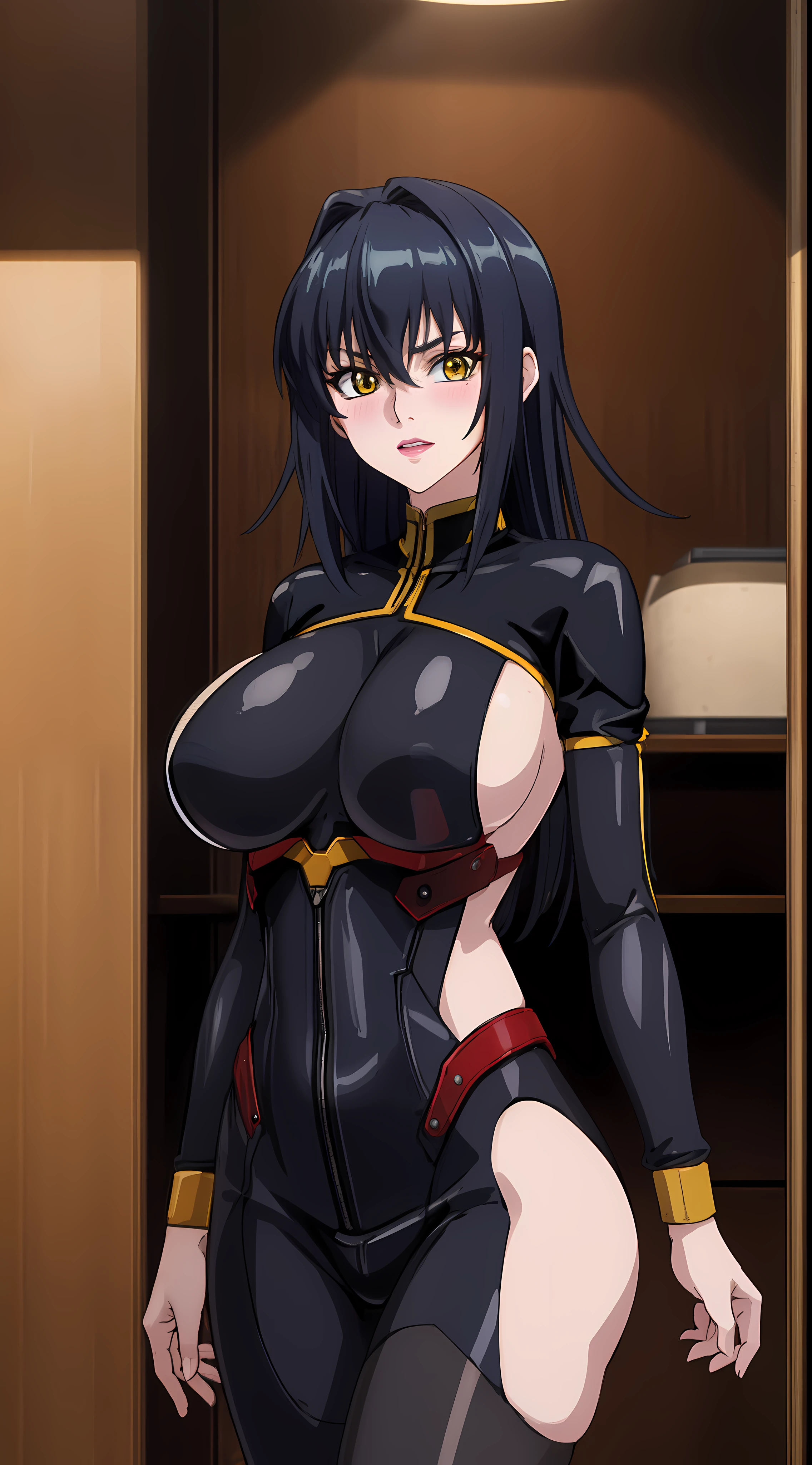 (cyber town background), professional artwork, Intricate Details, sharp focus, detailed painting, photorealistic lighting, trending on pixiv, Standing at attention, ((black outfit ,yellow collared shirt,black and red bodysuit,skin_tight,black legwear, black pantyhose, Side_boob)), (((fully suited:1.5))) black hair,very long hair, Bangs,yellow eyes,makeup, lipstick, 40yo,mature female,Beautiful Finger,Beautiful long legs,Beautiful body,Beautiful Nose,Beautiful character design, perfect eyes detail, perfect face, looking at viewer,official art,extremely detailed CG unity, perfect lighting,Colorful, Bright_Front_face_Lighting, (masterpiece:1.0),(best_quality:1.0), ultra high res,ultra-detailed, photography, 8K, HDR, highres, absurdres:1.2, Kodak portra 400, film grain, blurry background, bokeh:1.2, lens flare, (vibrant_color:1.2) (Beautiful,large_Breasts:1.4), (beautiful_face:1.5),(narrow_waist), (solo:1.4), ((cowboy shot:1.4)), annerose:1, (blushing, shy, pretty, kuudere:1),