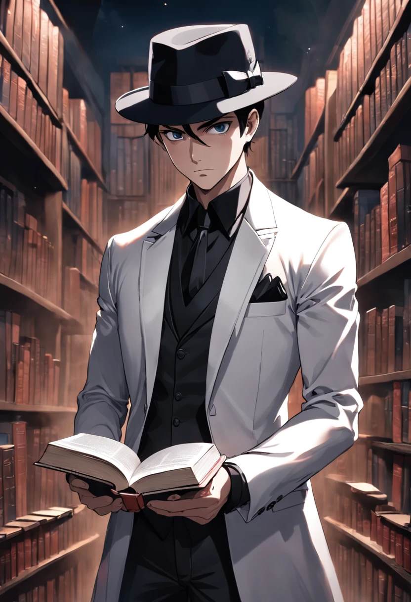 uma foto em preto e branco de um homem de terno segurando um livro, terno escuro, he is wearing a suit, colete de terno e cartola e luvas, fortemente estilizado, Detetive Noir e um Fedora, mafioso, estilo de arte desconhecido, pessoas sem rosto, de terno, oc renderizado, full body render, corpo inteiro!