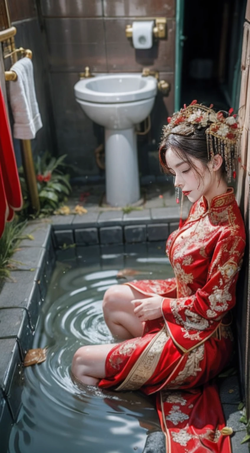 Two girls in red and gold Chinese bridal makeup，hugs，kisses，The body is facing me，Tilt view，Toilet in the background，Get wet all over your body，Crouch on the ground to face me，Masturbation，，Soak in water，Expose the lower body，Dirty，Disgusting feces，In the smelly gutter，There are smelly gutters，There is yellow urine，Show one's butt，，Exposed breasts，