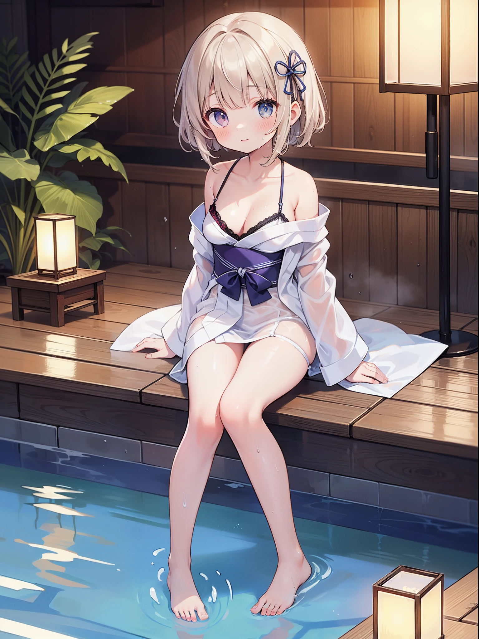 (​masterpiece)、(top-quality)、(ultra-detailliert)、Two  beautiful girls、Light-colored yukata、Short yukata、Shoulders exposed、Cleavage emphasis、Thigh exposure、hot onsen、Wet and see-through、Composition looking up from your feet