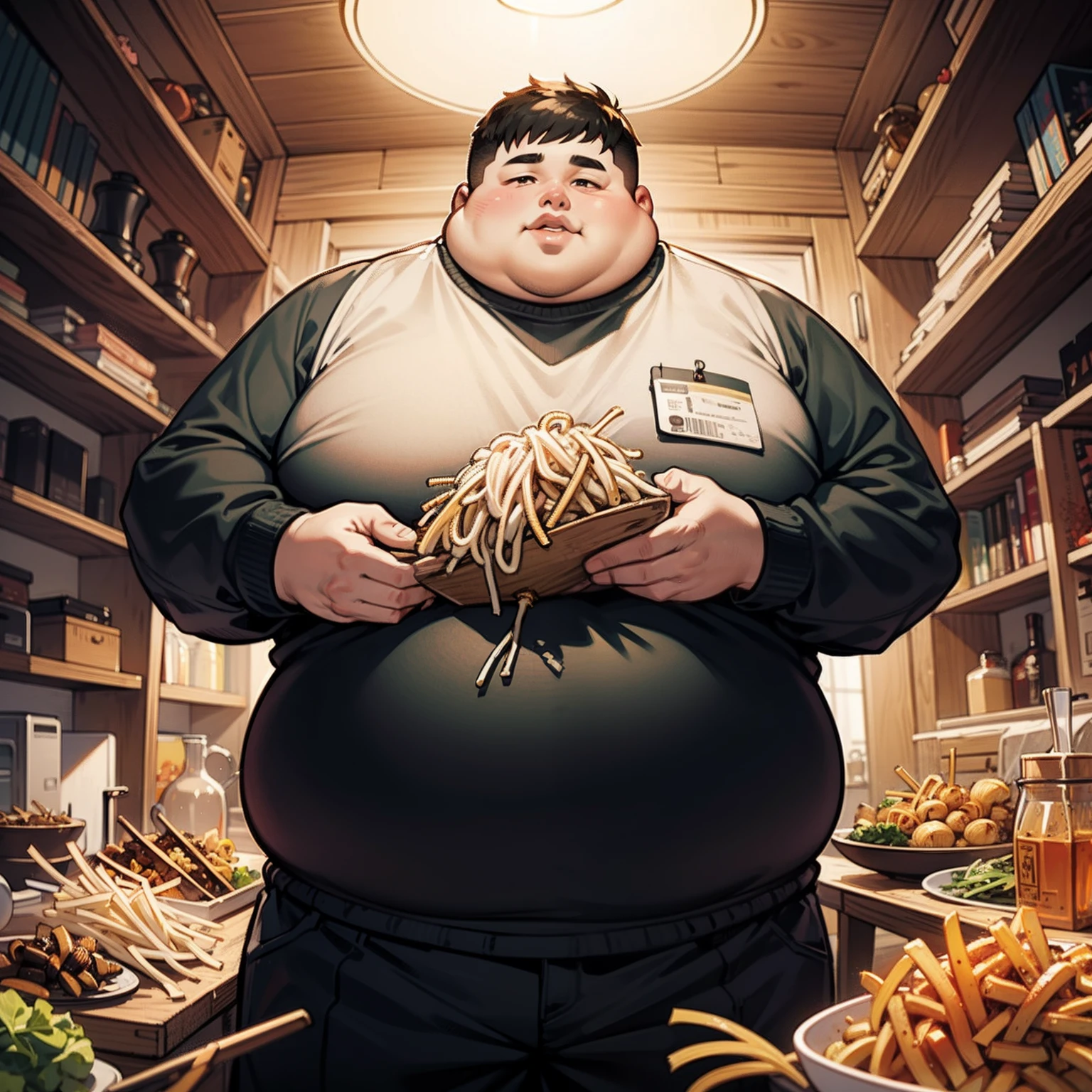 An obese man，Black color hair，Eating enoki mushrooms，Illustration anime style，Dark 4K, hyper HD, tmasterpiece