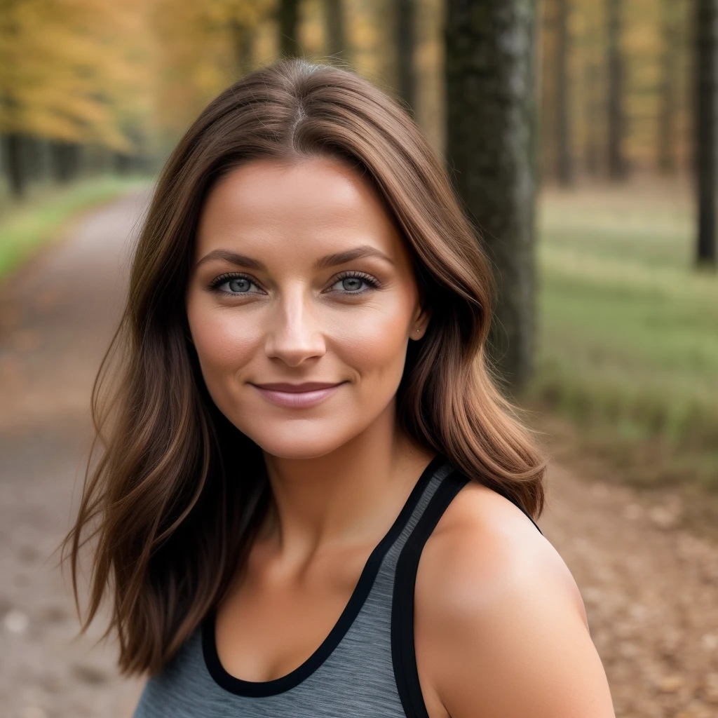 braune Frau mit braunen Augen, kein modell, Smiling, in der natur beim joggen, fit, schulterlanges braune haare, braune haare braune augen, Keine Nahaufnahme, lange braune Haare und braune Augen, ohne Augenbrauen