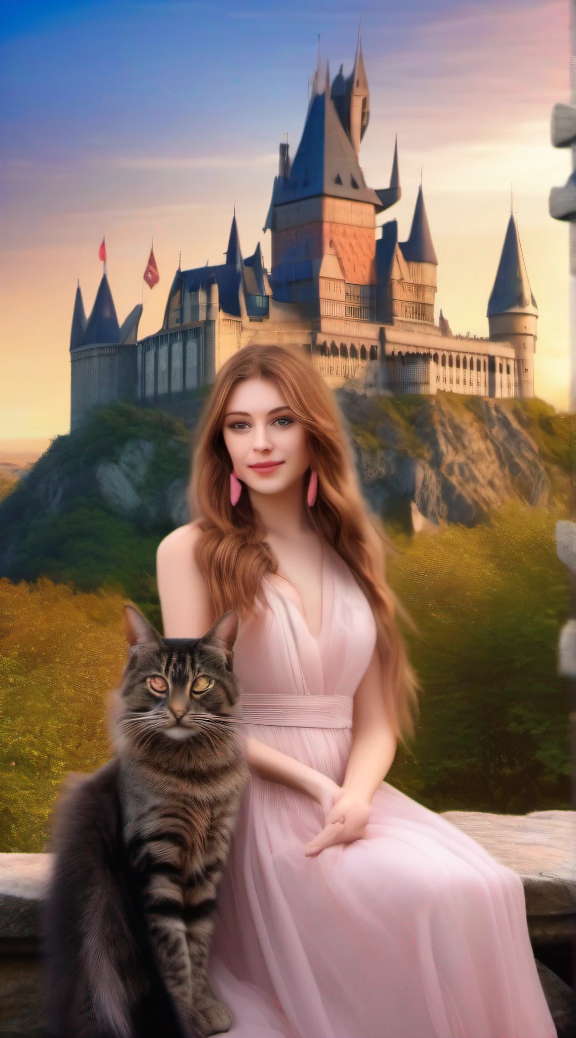 Young woman with blue eyes, brunette and long hair, dressed in a long red dress wearing in her arms a large black Mackerel tabby cat from the Norwegian forests, with a hairy ear like a lynx. In front of the castle of Hogwarts at sunset soft and pastel atmosphere. Captured in the style of oli.majery photography, smile, anime, panorama, 8k, 16k