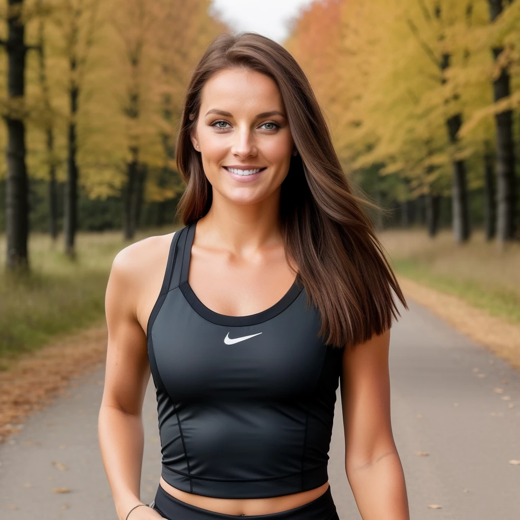 braune Frau mit braunen Augen, kein modell, Smiling, in der natur beim joggen, fit, schulterlanges braune haare, braune haare braune augen, Keine Nahaufnahme, lange braune Haare und braune Augen, ohne Augenbrauen