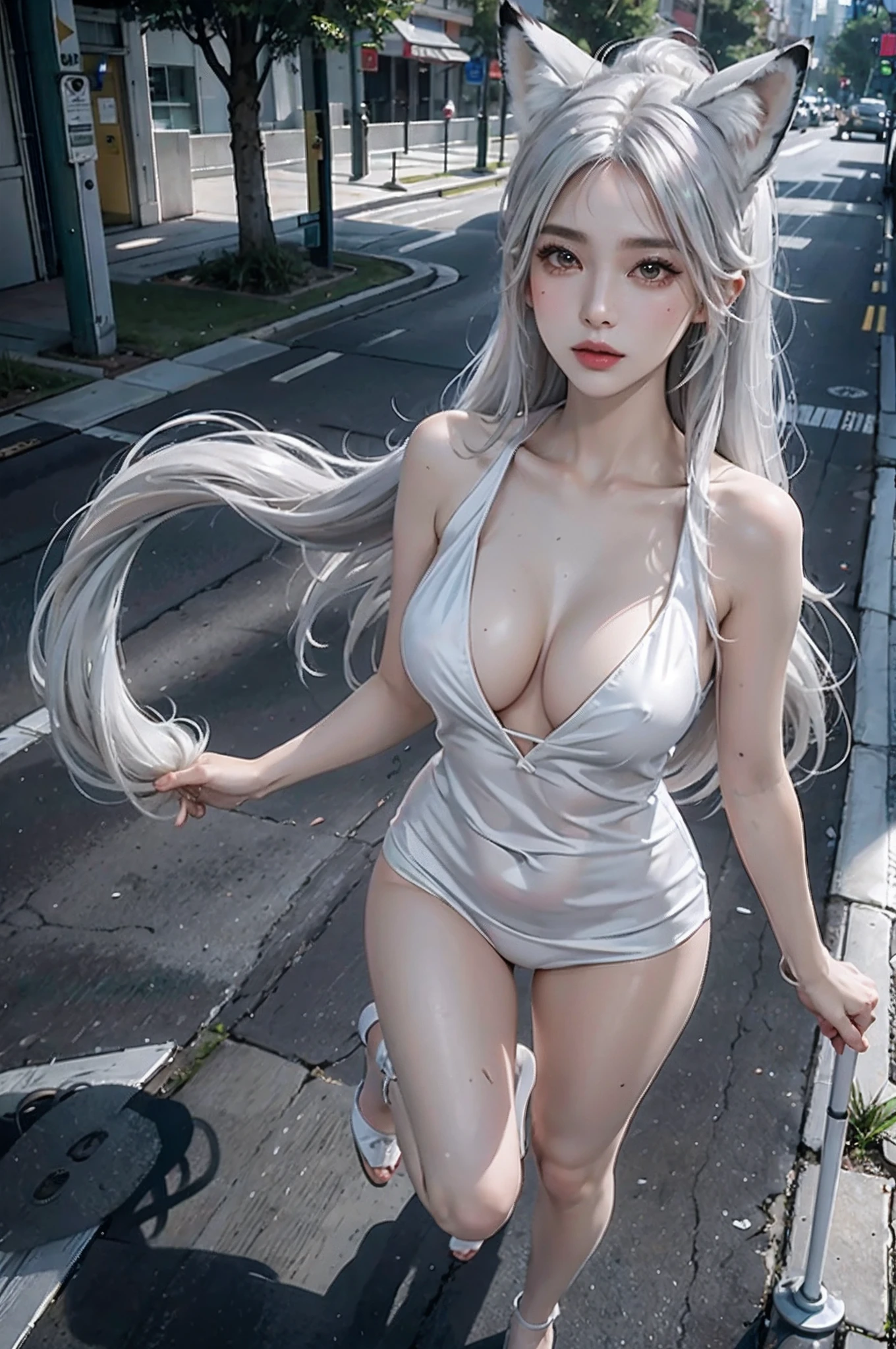 ulzzang-6500, (8k, RAW photo:1.2), ((puffy eyes)), best quality, ultra high res, (photorealistic:1.3), POV ,(solo:1.1), (1girl:1.1),(sliver cosplay fox ear:1.3), (sliver cosplay fox tail:1.3), (naked:1.3), big boobs, (small nipple:0.8), (noble:1.3), (pale skin:1.2),(parted lips:1.1), (eyelashes:1.1), (happy:1.21), (depth of field:1.1), rendering, cover toe heels, girl standing in street