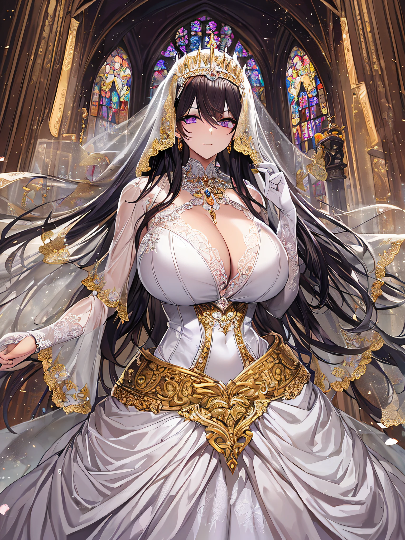 ((anime artstyle)),Masterpiece,Best Quality,Super Detail,Very Delicate and Beautiful,Solo,((full body)),((1 arrogant queen wearing gorgeous white ballgown wedding dress with voluminous crinoline hoop skirt)),voluminous frills and beautiful lace,(gigantic tits,skindentation),jewel-like eyes,(((arrogant smile))),((arrogant,haughty)),dominant pose,Sharp eyes,(Purple eyes),Beautiful detailed face and eyes,((Bangs between eyes,voluminous straight hair,extremely Long straight Hair)),black hair,gorgeous embroidery and lace,enormous puffed sleeves,luxury hair ornament,extremely gorgeousfull jeweled tiara,long train,bling-bling gorgeous gemstone jewelry,long wedding veil,full body,standing in the sacred cathedral,indoor,white lily flowers,flower petals flowing,Stained glass,light particles,Sacred Light,(luxury carpet),((gorgeous white ballgown wedding dress with voluminous crinoline hoop skirt))