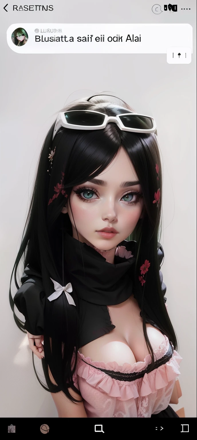 estilo anime realista, cabelos pretos longos, olhos verdes, lips, vermelho, blusa preta, saia rosa curta