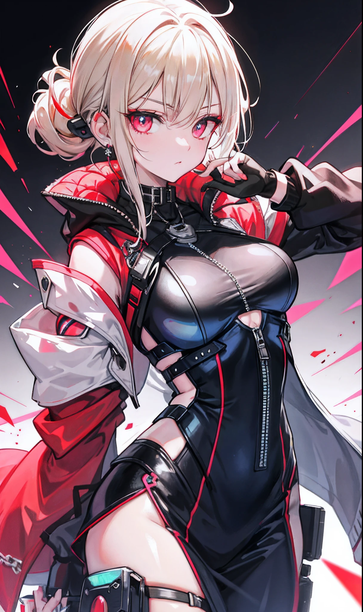 top-quality、Top image quality、​masterpiece、teens girl((18year old、Black short-sleeved survival suit、bust 80、a blond、poneyTail、Breasts wide open,Valley、Black eye、Strong eye power、Black Hachimaki、Get closer to your audience、Kamimei、Full of wounds all over the body、fighting poses)）hiquality、visualart、Background with((World of Japan、Black sky))、Black and white tones