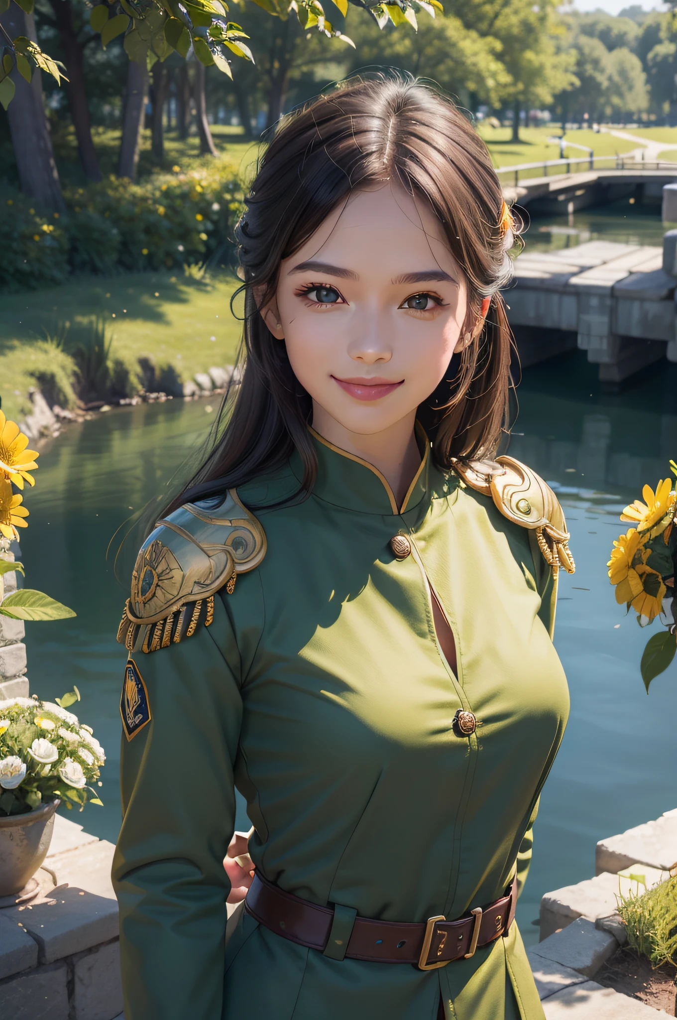 A beautiful girl,Sweet smile,(Smooth facial details:1.6),(Yellow epaulettes:1.6),(Fighting posture:1.3),Wearing a green military uniform,(full armour:1.2)fresh flowers,lakes,parks,a hoge