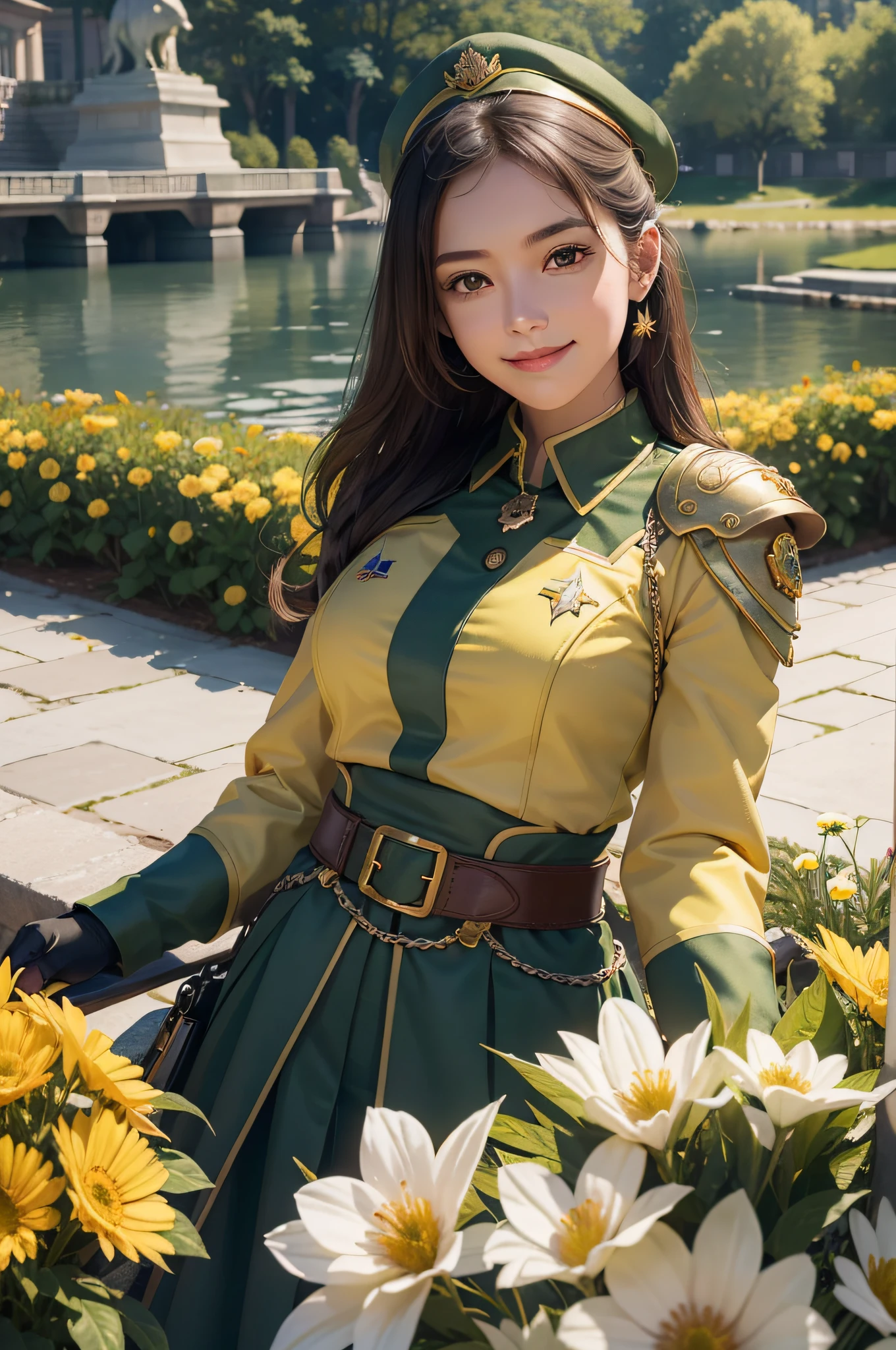 A beautiful girl,Sweet smile,(Smooth facial details:1.6),(epaulette:1.6),(Fighting posture:1.3),Wearing a green military uniform,(full armour:1.2)fresh flowers,lakes,parks,A high resolution,SLR camera