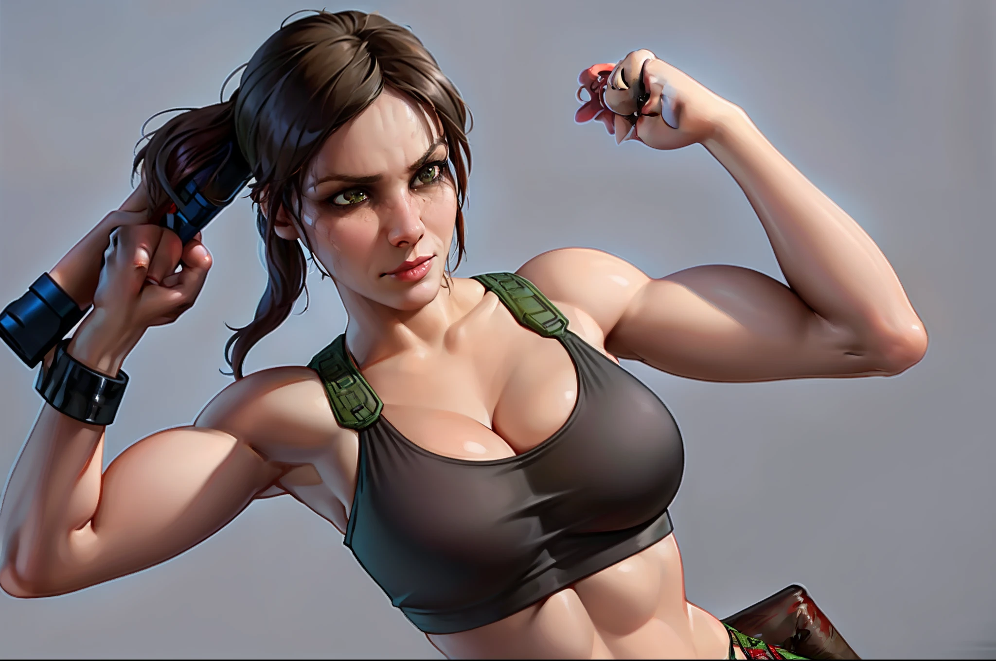 a woman in a bikini top and a gun poses for a picture, muscular sweat lara croft, portrait of lara croft, lara croft, 3 d character art, lara croft relaxing, high detail iconic character, character is in her natural pose, character posing, 3d character realistic, artgerm ; 3d unreal engine, 3 d render character art 8 k