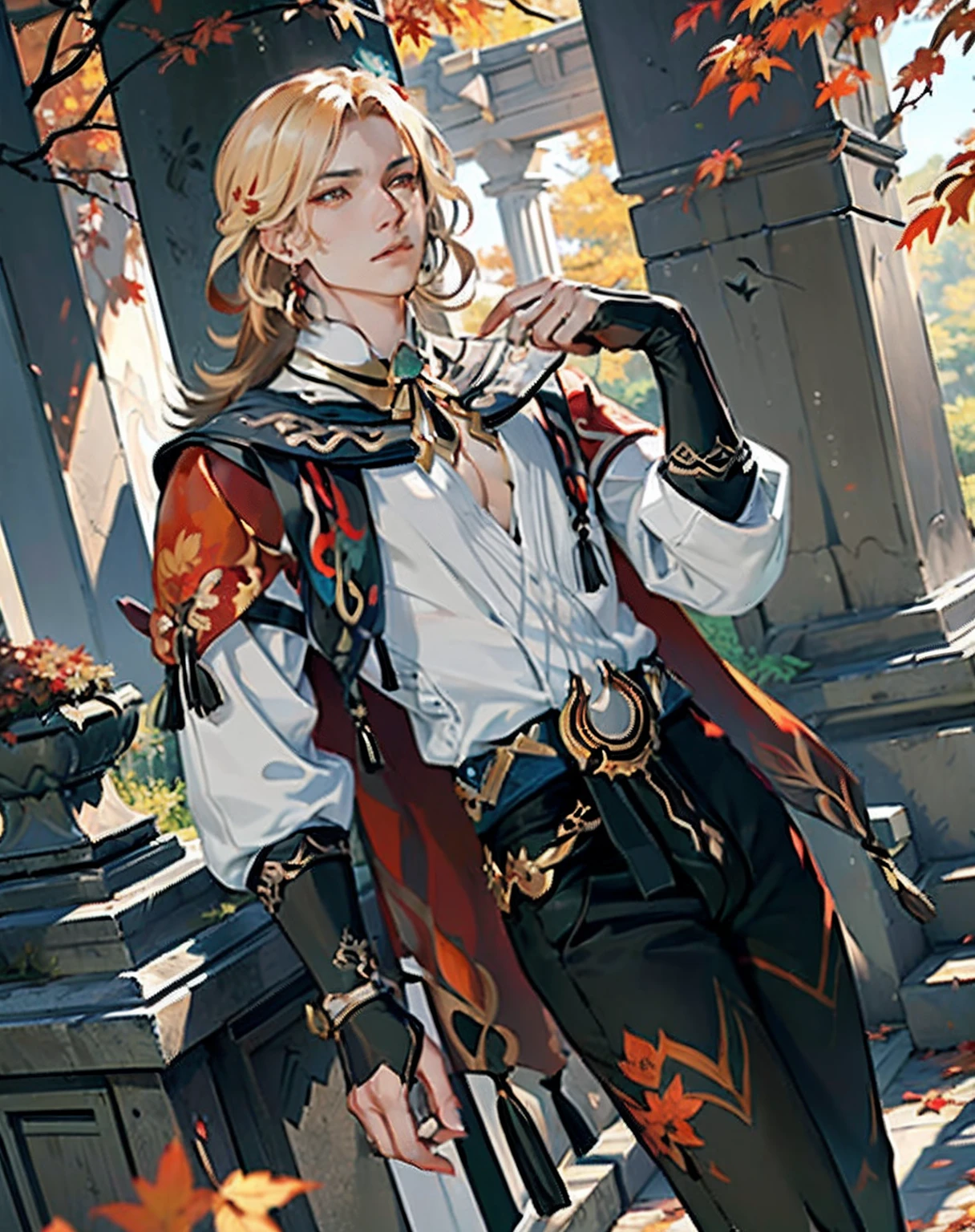 ((masterpiece, best quality)),  ((autumn, maple leaf, autumn orange leaves)), kaveh, blond hair, red eyes, ((black pants)), feather hair ornament, white shirt with red details and embroidery, 1man solo, outside, autumn trees, park with statues and columns