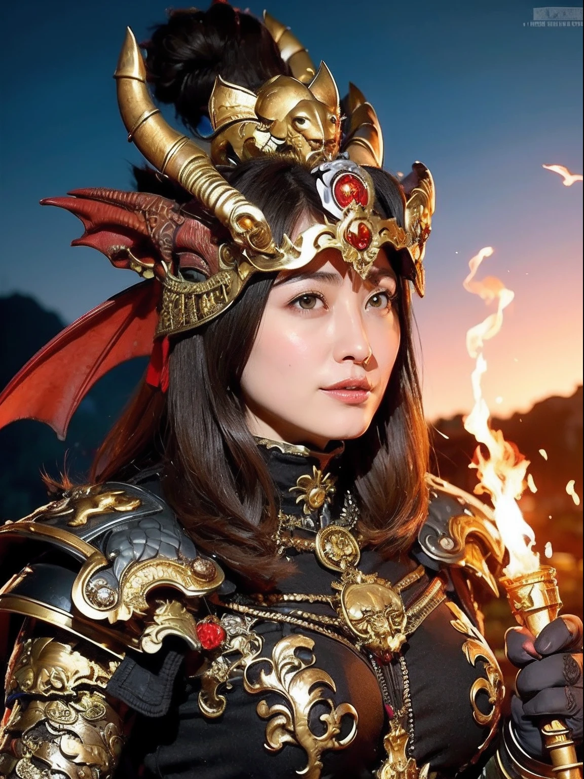 Professional , masterpiece、top-quality、photos realistic , depth of fields (Gemstone Black Metal Body:1.9),(Enamel Black、(cleavage of the breast)、(Chinese Dragon)、Mystical expression、Dragon Gold Weapon(Dragon Metal Body:1.4),Gorgeous gold weapons ,(( Dragon's dense and gorgeous sword)) , 、blood splashing、 ,warhammer 40k , adepta sororitas,Detail and gorgeous crown、((Brown hair))、(The dragon)、(Castle background)、The dragon、((Gangle's forest background))、Beautiful Caucasian beauty、(1a person)、dynamic ungle,(((Detailed and ornate dragon helmet)))、Smaller head、A smile、Castle background、Thin and beautiful female hands、cleavage of the breast、Mystical expression、Light Effects、Wind-effect、magic circles、With the legendary magic wand、(demonic wings)、Toostock、