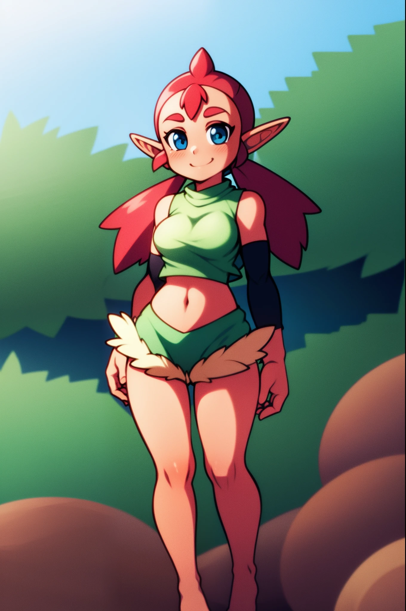 loam, standing, short, vest, elf girl, medium breast,,red hair, elf ears,tomboy, forest, alone, smile