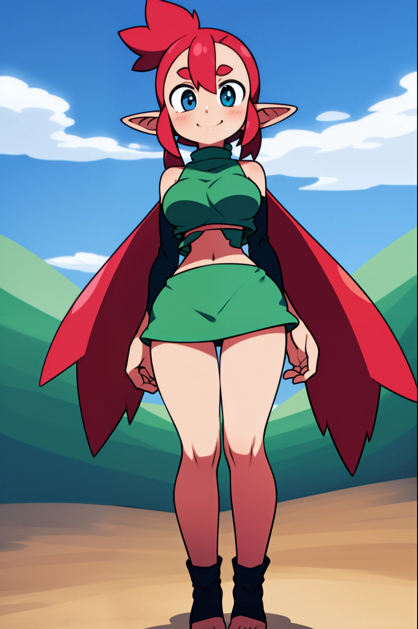 loam, standing, short, vest, elf girl, medium breast,,red hair, elf ears,tomboy, forest, alone, smile