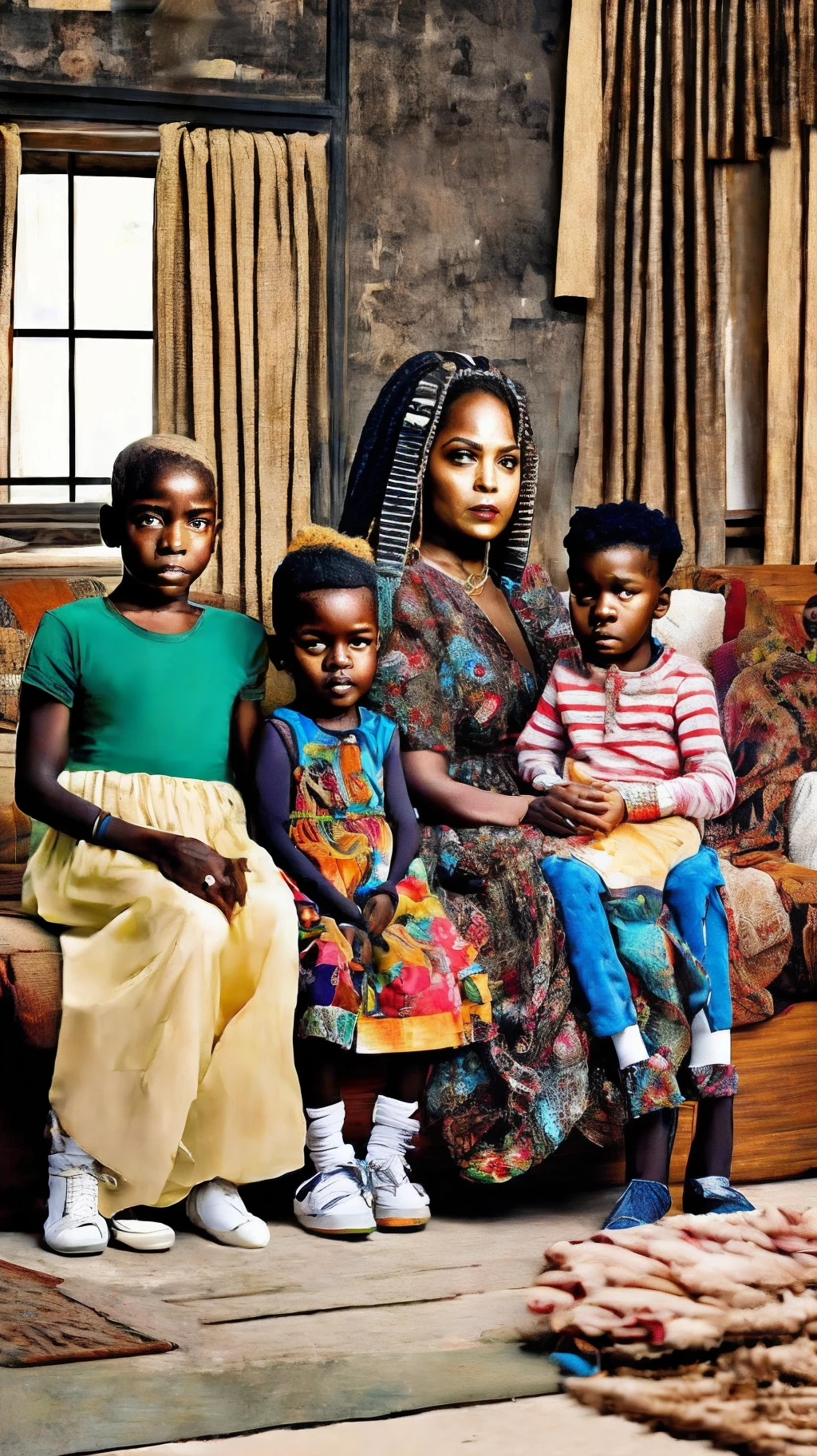 /imagine prompt: color photo of Octavia Minor and her ten children gathered together in one room. The scene is set in a spacious living area, with comfortable couches and colorful decorations. Octavia is sitting in the center of the group, with her arms around her children. The children are a mix of biological and stepchildren, including the three children of Mark Anthony and Cleopatra. The atmosphere is one of warmth and love, with Octavia showing her maternal side to all of her children. The camera model is a modern Fuji X-T3, using FujiFilm Pro 400H film and a Fujinon 35mm lens. The photographer uses natural lighting to capture the beauty and diversity of the family, creating a sense of unity and togetherness. The unlikely collaboration of directors Ava DuVernay, Pedro Almodovar, and fashion designer Marc Jacobs would create a visually stunning and emotionally powerful piece that celebrates the beauty of blended families. —c 10 —ar 2:3 --auto --s2