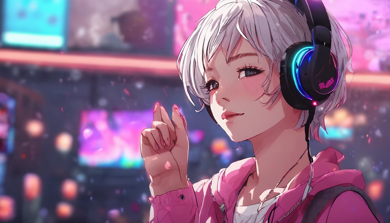 ​masterpiece、top-quality、Movie stills、1girl、animesque、pink there　Shorthair、short detailed hair、singers、illustratio、Black hoodie、microphone、headphones、kawaii、Singing、live house、spot light（Spark:0.7
）
