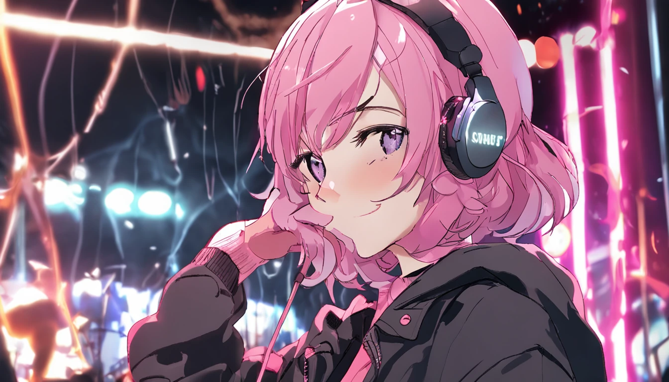 ​masterpiece、top-quality、Movie stills、1girl、animesque、pink there　Shorthair、short detailed hair、singers、illustratio、Black hoodie、microphone、headphones、kawaii、Singing、live house、spot light（Spark:0.7
）