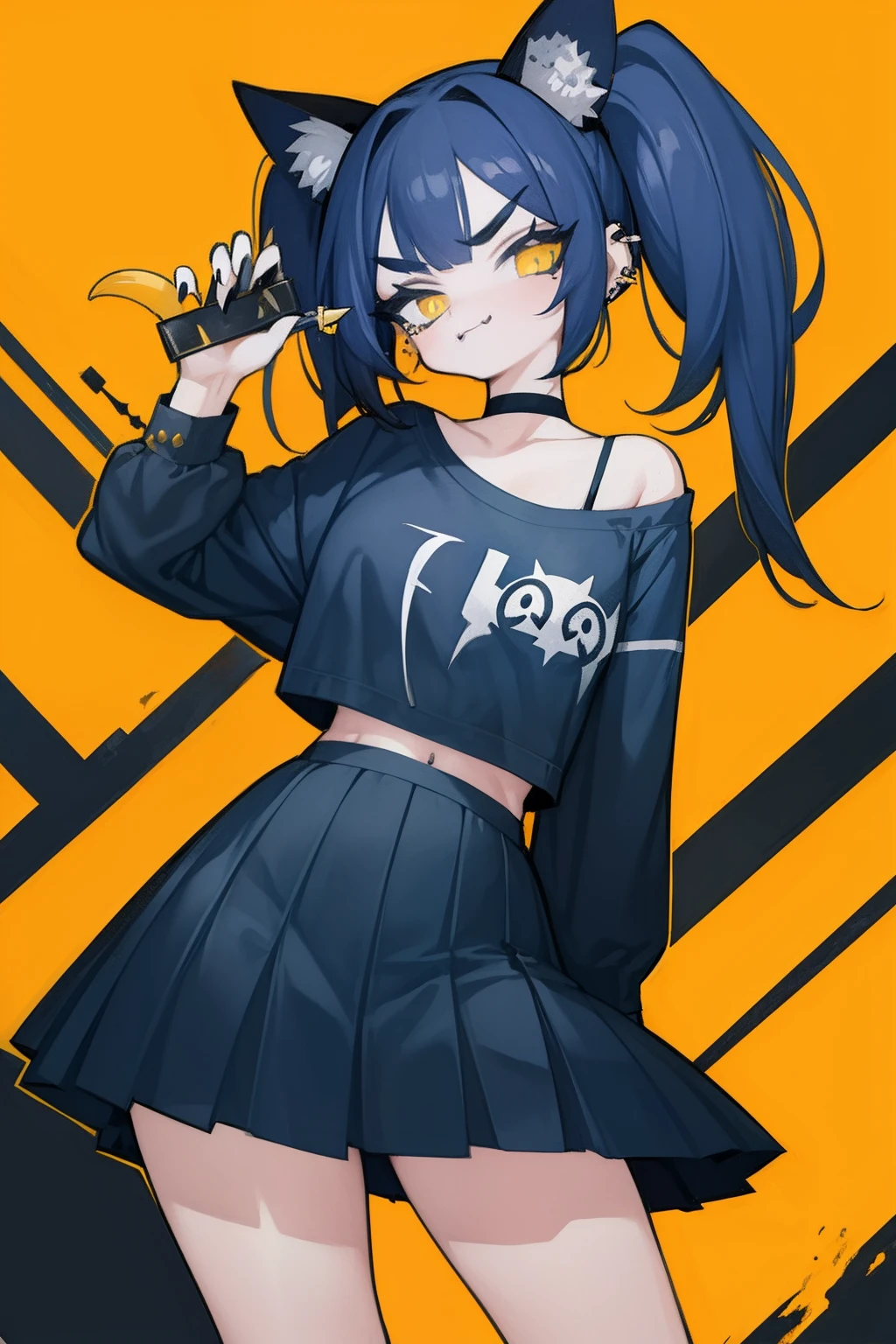 masutepiece, 1 girl, darkblue hair、hair messy, Short hair、Pigtails, Blunt bangs, oblique bangs, Yellow cat eyes, x-shaped pupils, Detailed eye drawing、Thick eyebrows, Slim body, Slim legs, spike choker, Black shirt, Black pleated skirt, The tattoo, Lots of piercings, Black nails, Spiteful smile、tusk、Split tongue, Yellow theme