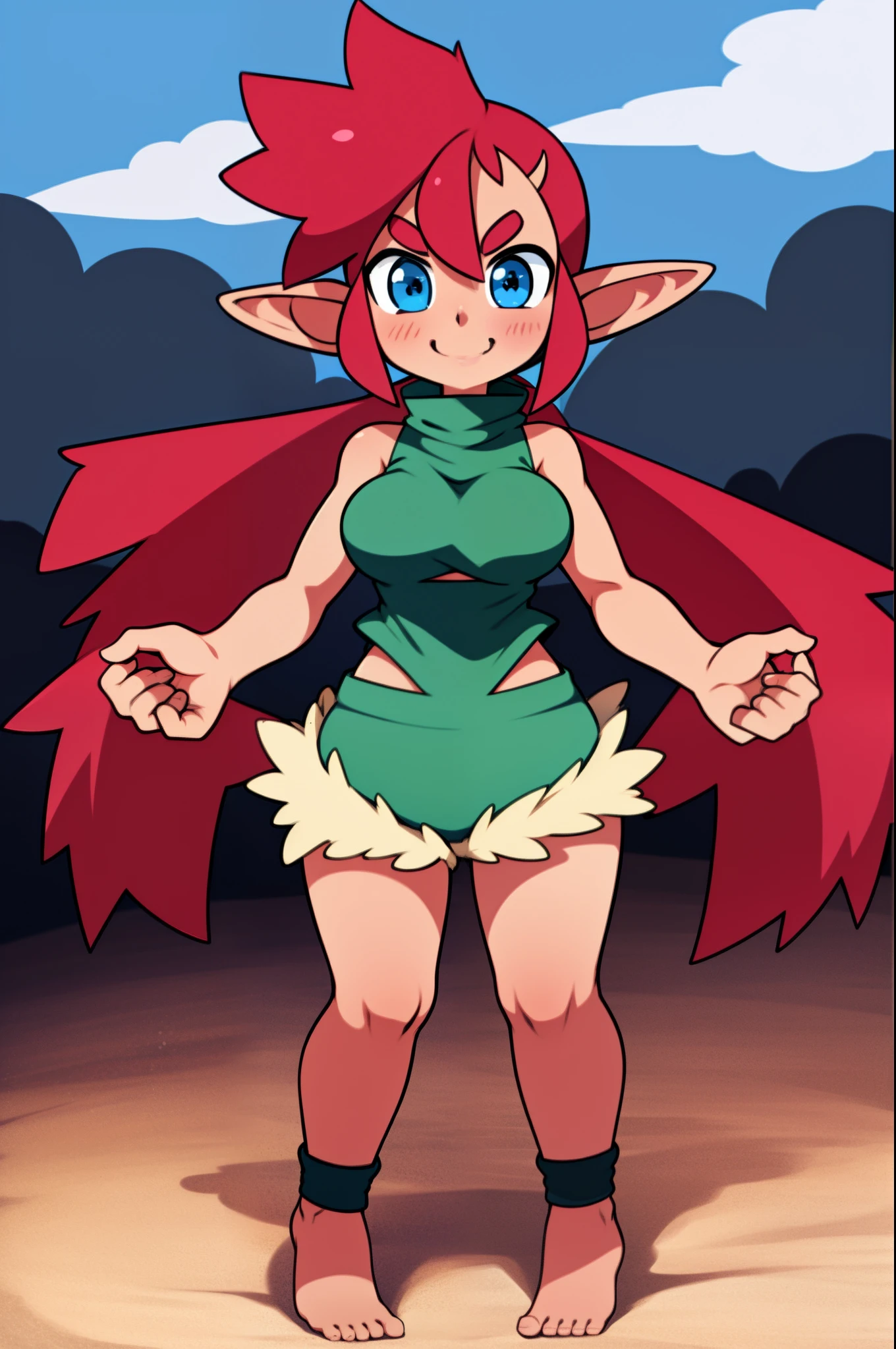 loam, standing, short, vest, elf girl, medium breast,,red hair, elf ears,tomboy, forest, alone, smile