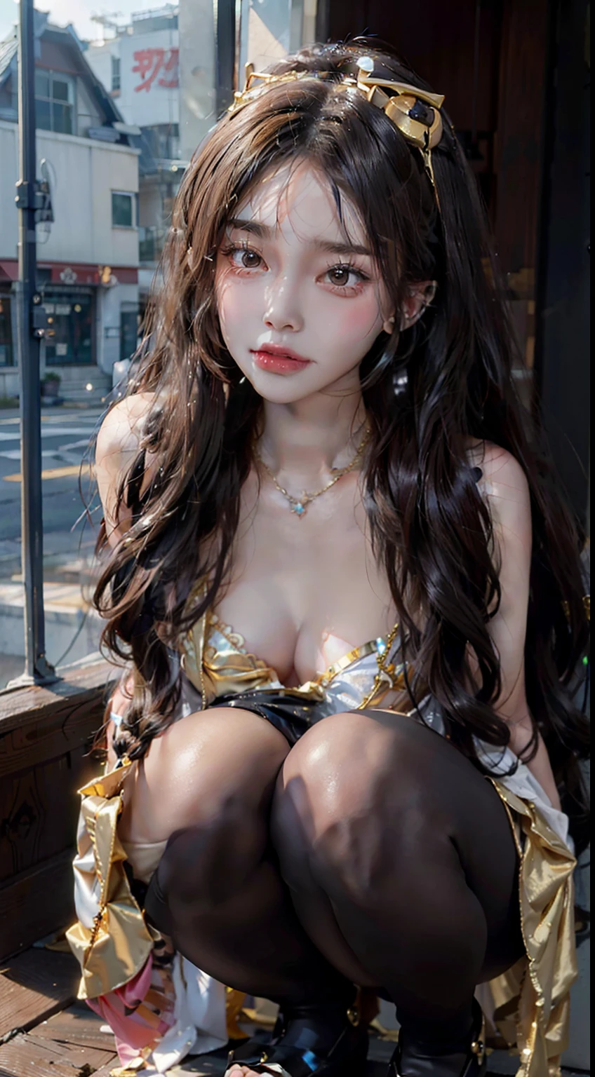 Young girls，The hood bow is seductive and energetic，Blurred，Extinction，Moving，seductiv，Soft natural light，squatting pose，Gold-plated black stockings，Star pupil hair ornament necklace jewelry
Wavy detail hair，Metallic glossy robot joint thin metal wings