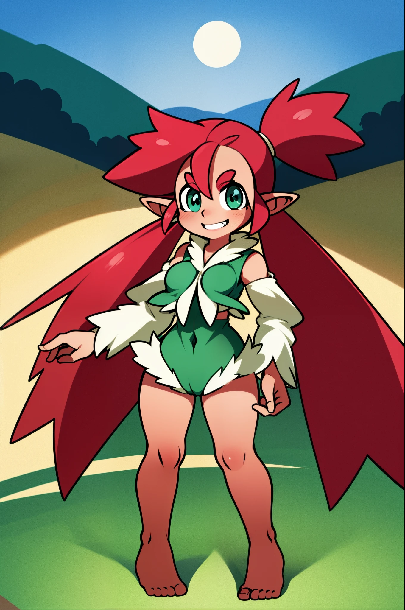 loam, standing, short, vest, elf girl, medium breast,,red hair, elf ears,tomboy, forest, alone, smile