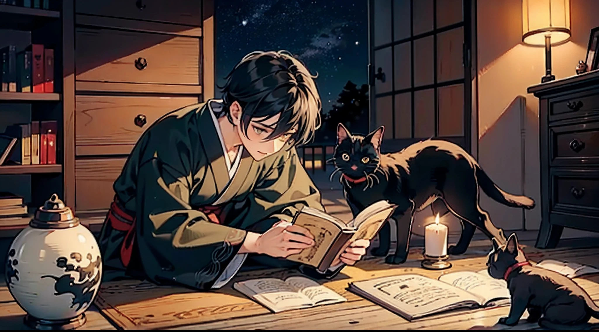 #Quality (intricate-detail、ultra-detailliert:1.2,Masterpiece),
#night sky (darkness of night,no light),
#one writing boy ( male、Honor Students、A dark-haired、short-hair、hakama,sit flat),
#black room at night (no light,black cat,wooden low table,one candle,pretty tatami,a lot of books,bookshelf)