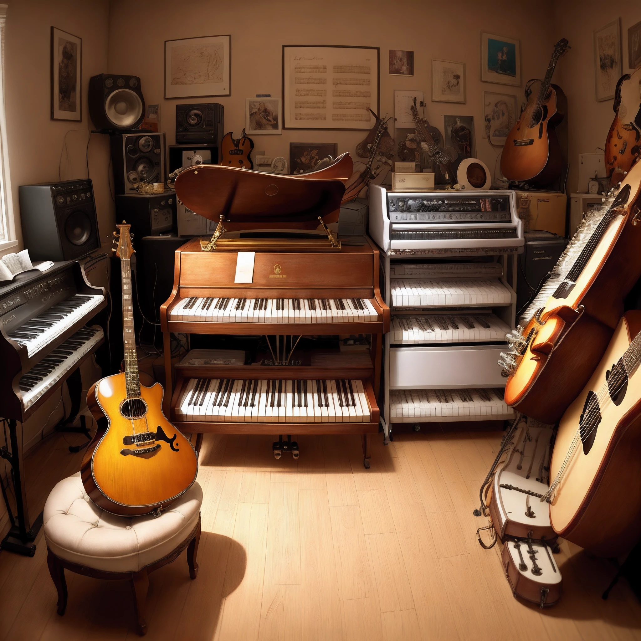 room with instruments, guitar, piano, trumpet, saxophone