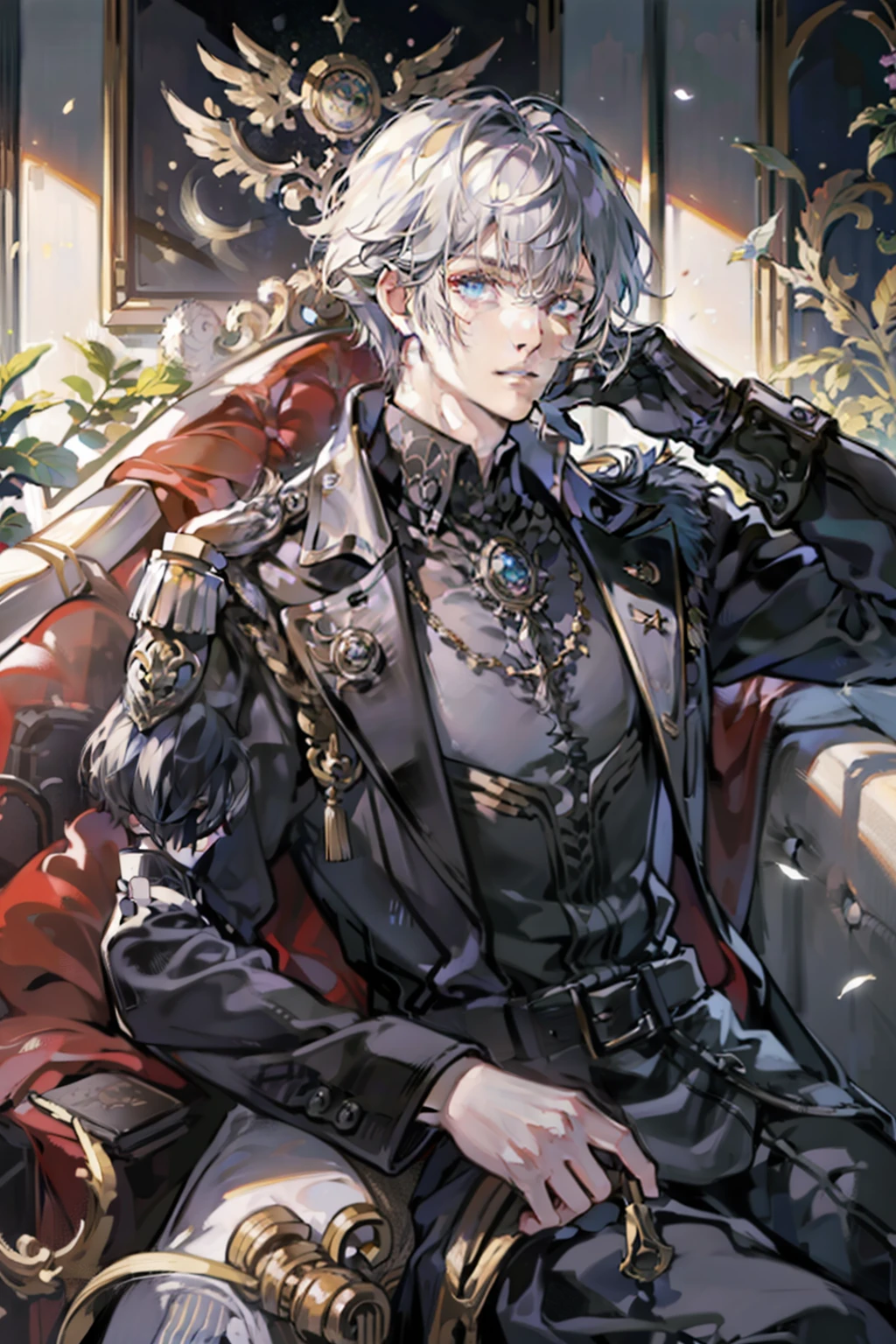 1 man, kurzes schwarzes haar, rote pupillen, gut aussehend, ohrringe, schmuck, Sitting on large marble throne, final fantasy XV thron, blasse haut, narbe im gesicht, Black high-level military uniform with gold and silver accessory, Peaked cap, royal, herrscher, Dark Amtosphere, erhabener blick, selbstbewusst, gekreuzte beine, elegant, full entire body, ultra details, viele details, hight resolution, perfekte proportionen, scharfer blick, seidenes haar, thronsaal, marmor, elegante pose, Beautiful  eyes,