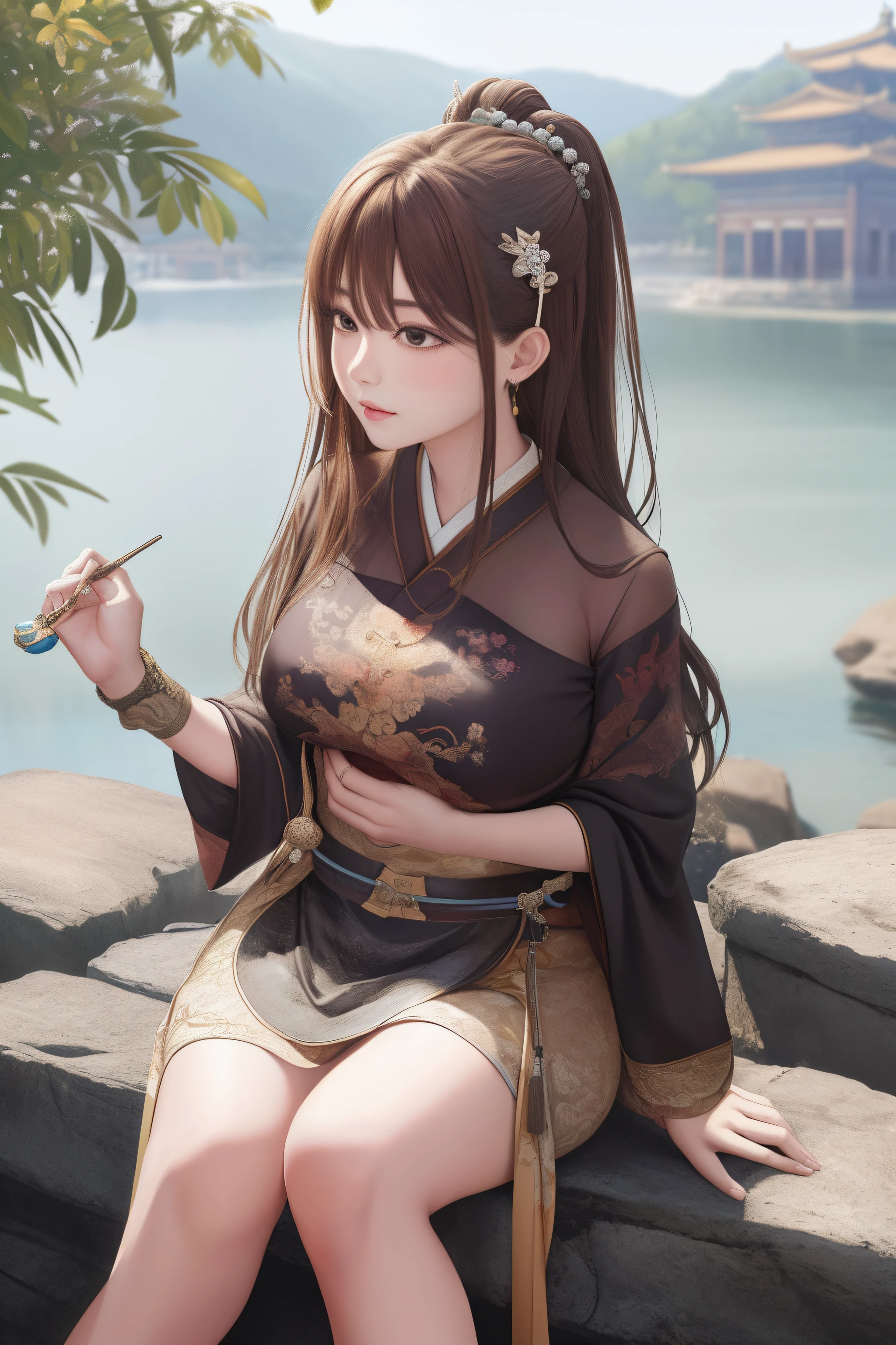 upper body, oil painting, masterpiece, best quality, highres, long brown hair, jewelry hairpin, large breast,riverside and rock or temple or bridge, extremely clothes, sitting, (song Dynasty, song clothing:1.2),