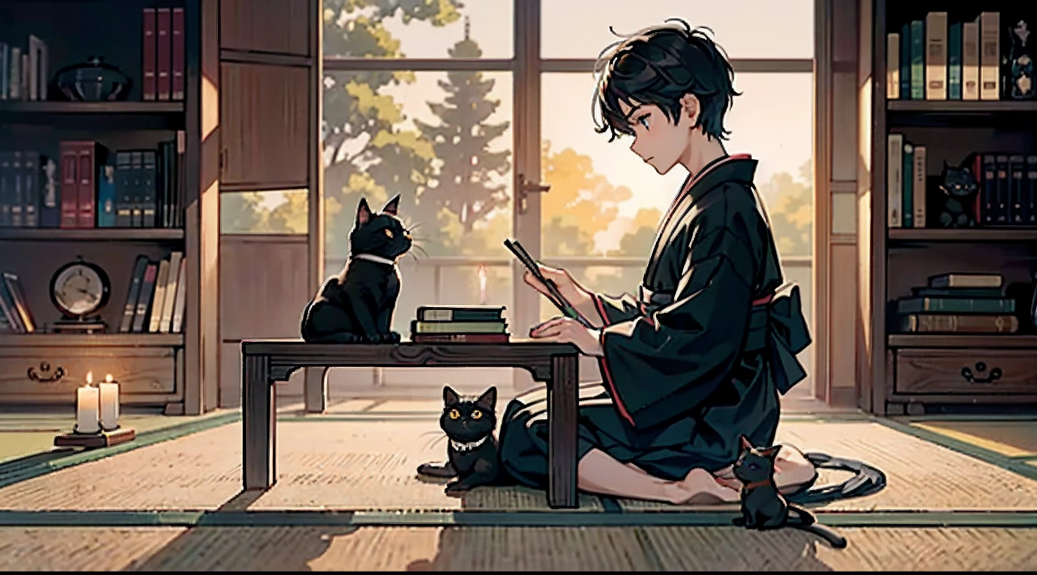 #Quality (intricate-detail、ultra-detailliert:1.2,Masterpiece),
#night sky (darkness of night,no light),
#one writing boy (16 male、Honor Students、A dark-haired、short-hair、hakama,sit flat),
#black room at night (no light,black cat,wooden low table,one candle,pretty tatami,a lot of books,bookshelf)