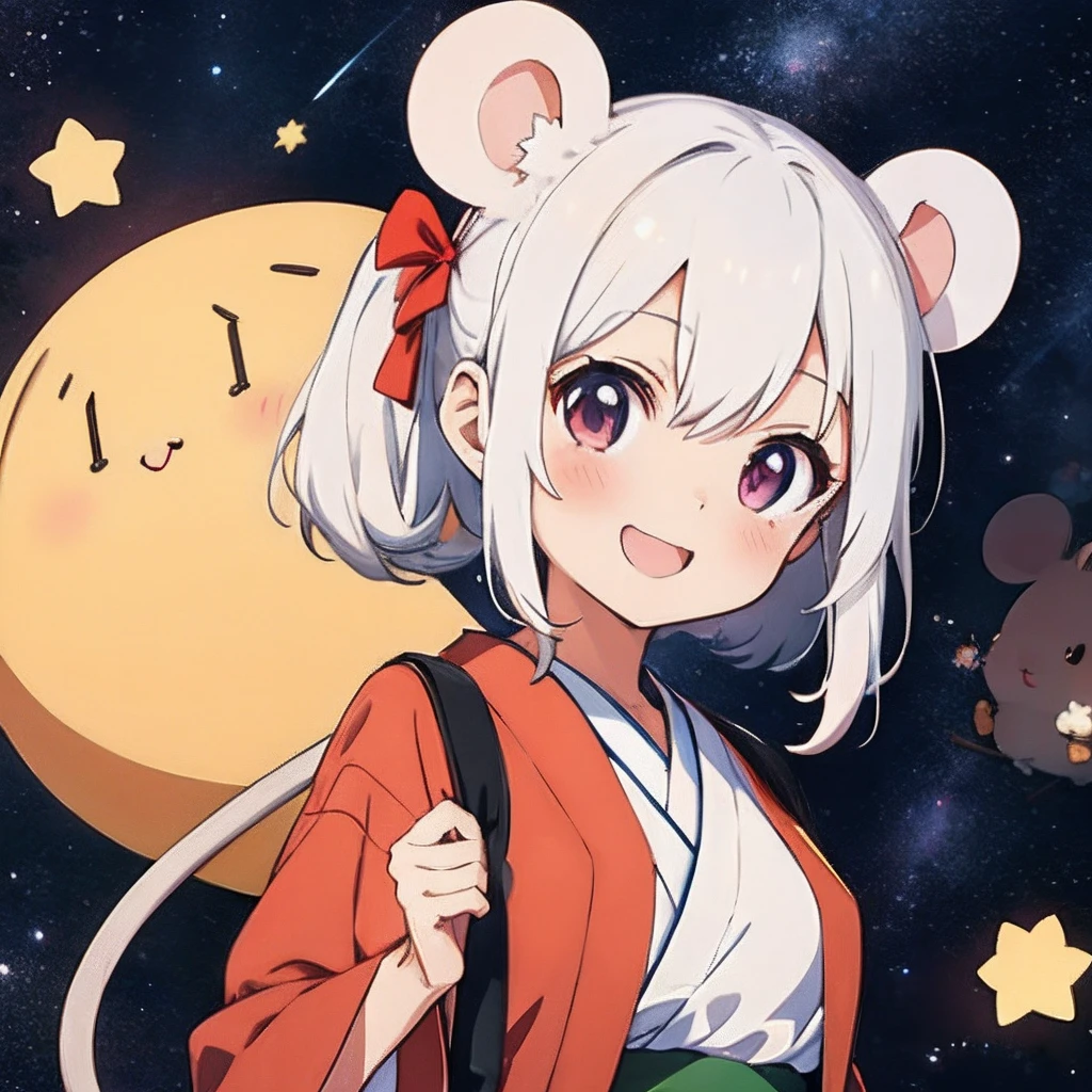 Anime girl with white hair, girl with1a person、(personification)、straight haired、(Twin-tailed)Twin-tailed、Red hair ornament、Anime girl with round ears of a mouse, Anime visuals of cute girls, (Wearing a red kimono)(large ears that are round and white,,)、(I have a pet rat next to me)、portlate、(Outer space background)Outer space background、(A big smile)