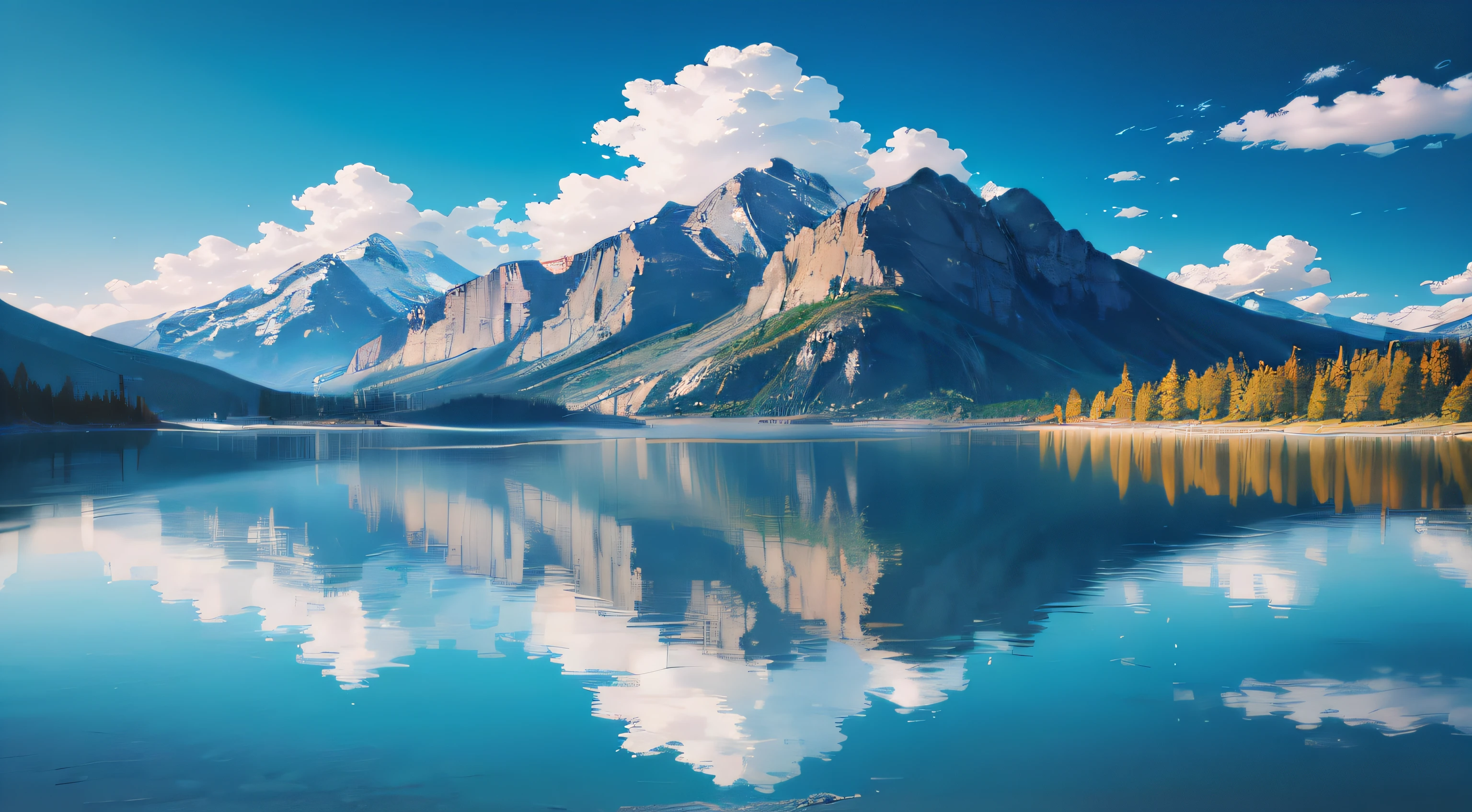 The mountains are reflected in the lake with blue sky and blue clouds, beautiful mountains, banff national park, lakeside mountains, an amazing landscape image, epic beautiful landscape, beatiful mountain background, Majestic nature, breathtaking mountains, Beautiful landscape, shutter inventory, best on adobe stock, scenic landscape, Landscape photo, beautiful mountains behind, Majestic mountains, spectacular rocky mountains