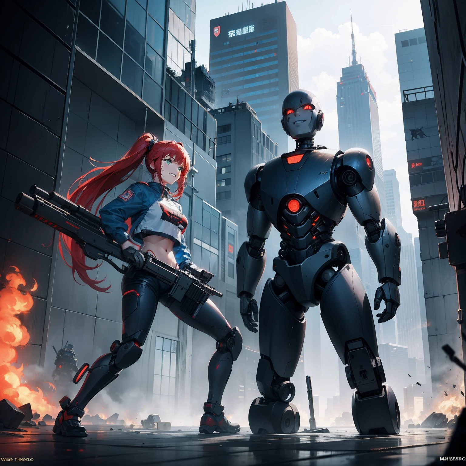 Full body shot, {(The girl)} and {(The robot)}。{(The girl) has red hair and two ponytails and green eyes，Wearing a bomber jacket、Crop top and denim shorts，Armed with a laser rifle,  The girl stood with a laser rifle in hand shooting the laser rifle }。{(The robot) has a metal head，Silver and metallic body，Didn't wear any clothes, lying down, face down, dead with smoke rising from body}，smile, grin, happy, holding laser rifle, shooting,  shooting the laser rifle,guns blazing, guns flaring, rapid fire, exploisions, explodes, kill robot, kill robot, kill robot, destroy robot, robot attack, robot attack, robot pounce, robot lunge, robot attack, robot exterminate, terminator robot attack, dead robot, dead robot, broken robot, malfunctioning robot, dead robot, destroyed robot, {{{cyberpunk city warzone}}}, cinematic lighting, 200 mm,  in cyberpunk city, frontal shot, side profile shot, rear shot, back shot, behind shot, full body shot, masterpiece, highly detailed