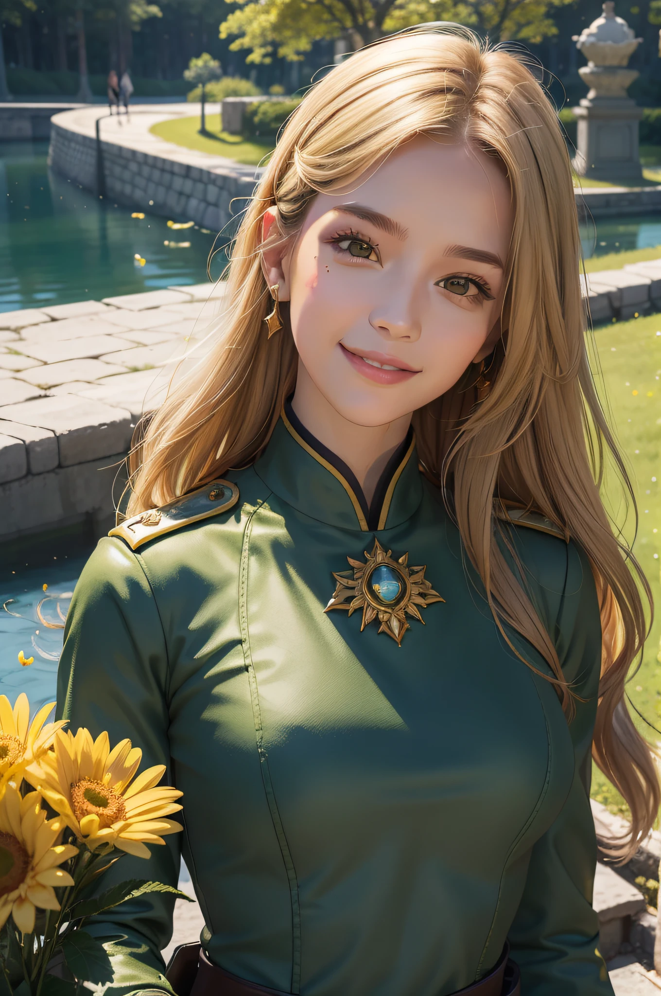 A beautiful girl，Sweet smile，（Smooth facial details:1.6），（Yellow epaulettes:1.6），（Fighting posture:1.3），Wearing a green military uniform，（full armour:1.2）fresh flowers，lakes，parks，A high resolution