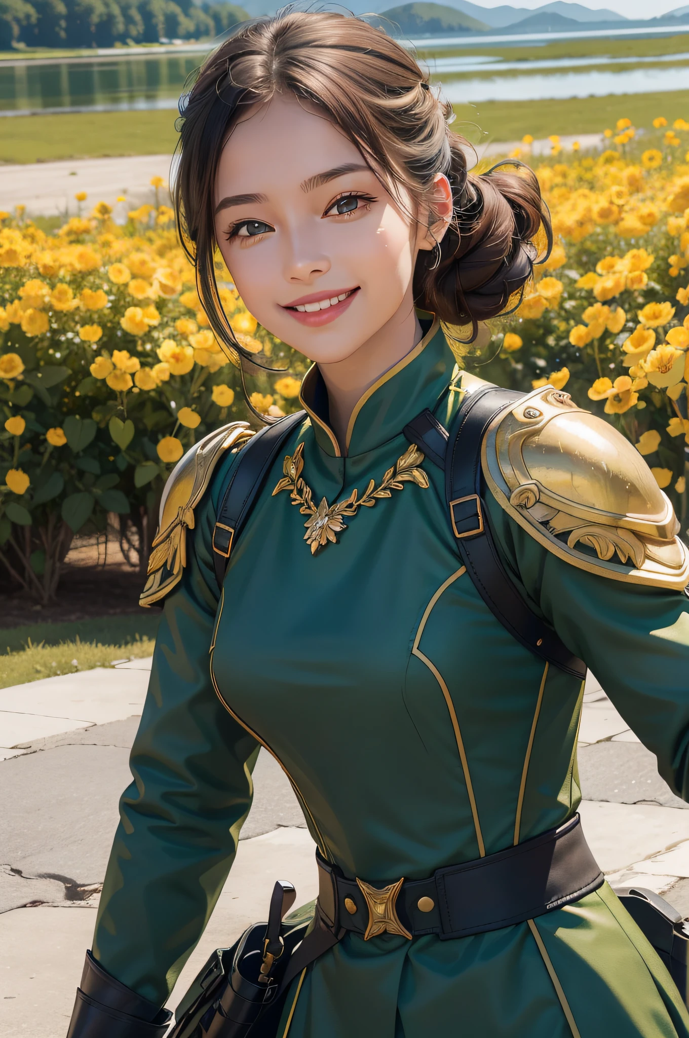 A beautiful girl,Sweet smile,(Smooth facial details:1.6),(Yellow epaulettes:1.6),(Fighting posture:1.3),Wearing a green military uniform,(full armour:1.2)fresh flowers,lakes,parks,A high resolution