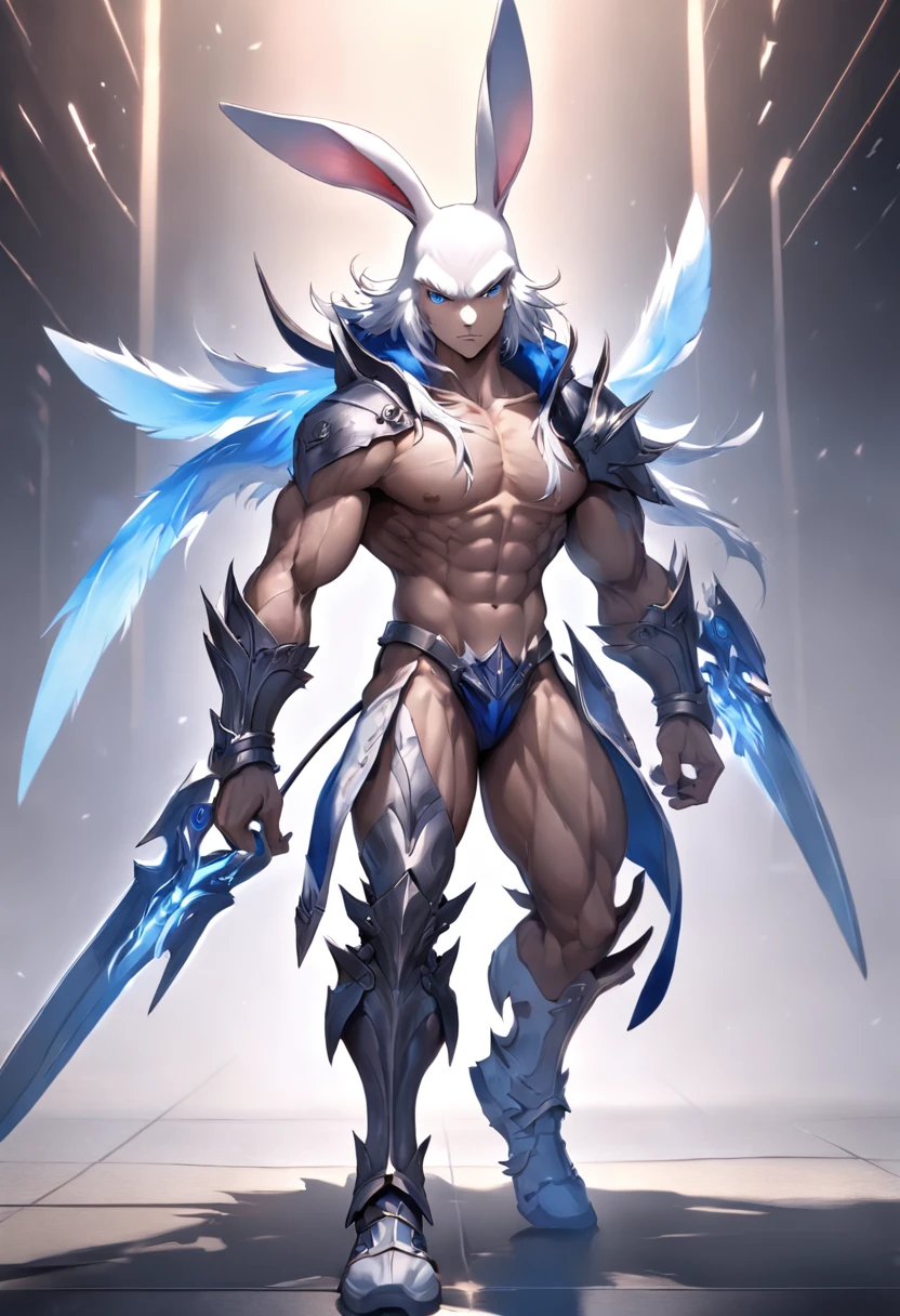 Full body beautiful gorgeous final fantasy style bunny runner with fur and human, Male, Clean and very detailed face and hands, complex clothing, analogous colors, Glowing shadow, beautiful gradation, Depth of field, Clean image, High quality, High detail, High definition, Luminous Studio graphics engine. .....Blade King is a muscular one、Imposing figures, Be 7 feet tall，Pure muscle weighing more than 300 pounds. He has harsh blue eyes，Flashing with confidence and ruggedness, square jaw. His fur is dark navy blue, Complements his black and silver armor and cloak. He has sharp claws and teeth, He used it as a weapon when necessary.  The wings of the Blade King are made of metal, He can be used to fly and protect himself from attacks.