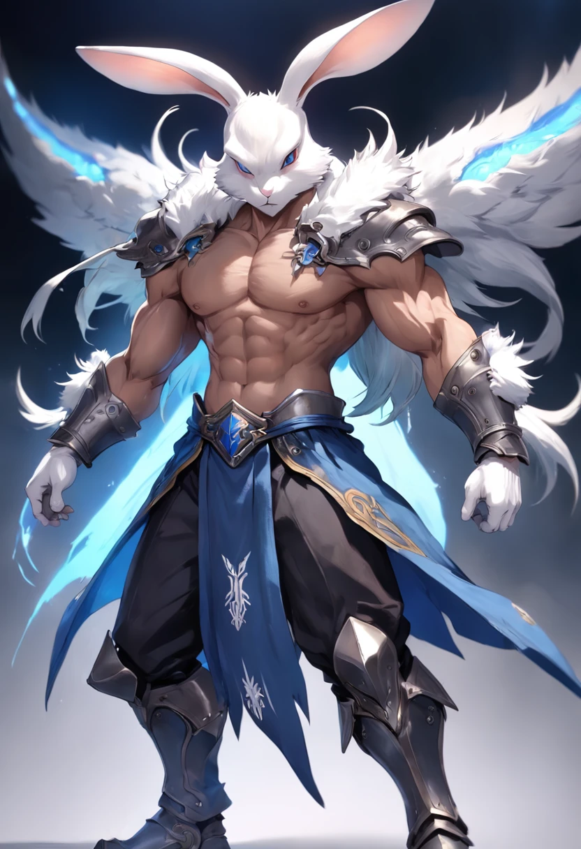 Full body beautiful gorgeous final fantasy style bunny runner with fur and human, Male, Clean and very detailed face and hands, complex clothing, analogous colors, Glowing shadow, beautiful gradation, Depth of field, Clean image, High quality, High detail, High definition, Luminous Studio graphics engine. .....Blade King is a muscular one、Imposing figures, Be 7 feet tall,Pure muscle weighing more than 300 pounds. He has harsh blue eyes,Flashing with confidence and ruggedness, square jaw. His fur is dark navy blue, Complements his black and silver armor and cloak. He has sharp claws and teeth, He used it as a weapon when necessary. The wings of the Blade King are made of metal, He can be used to fly and protect himself from attacks.