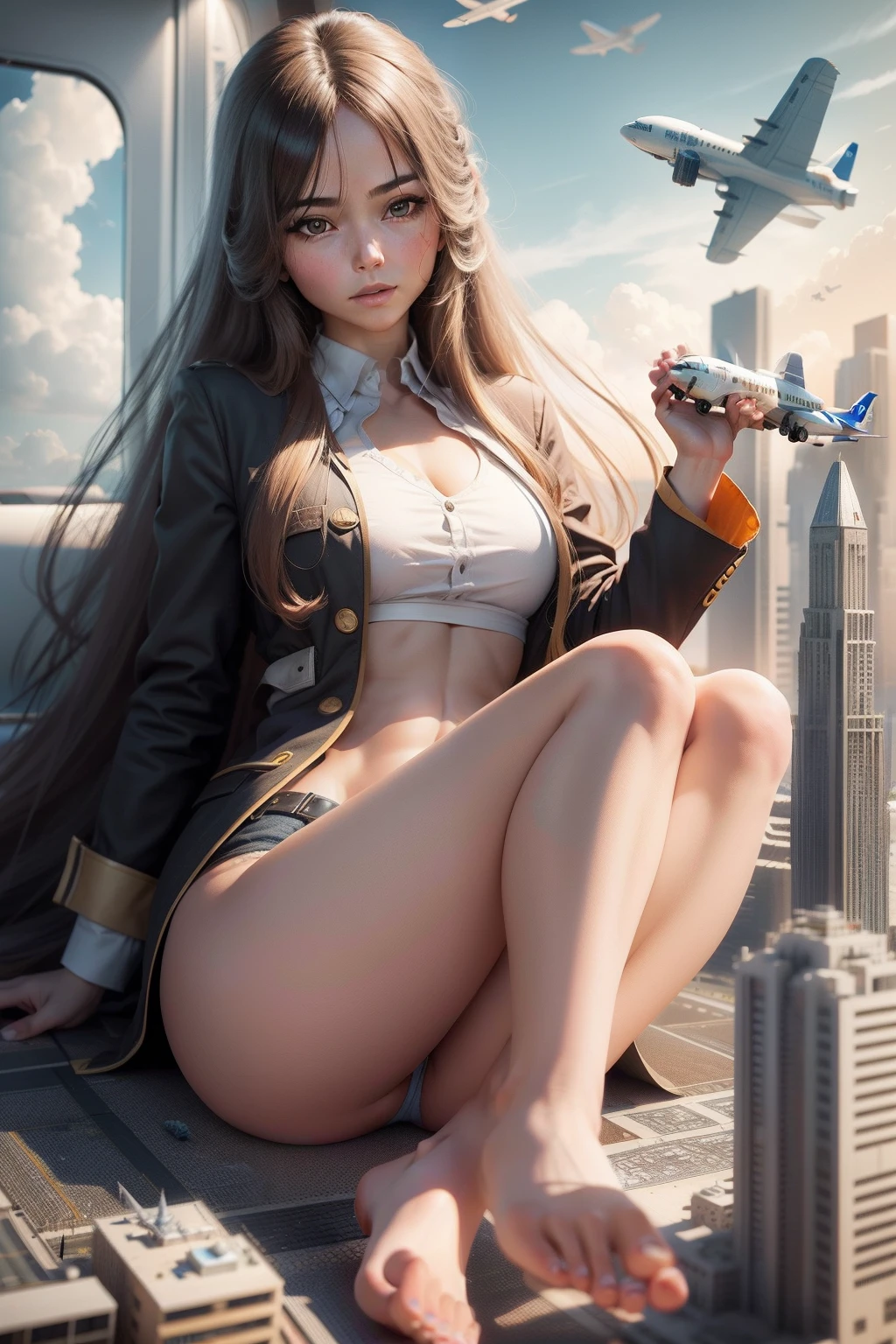 Giantess mini city barefoot, Long hair, Mature with an airplane in his hand