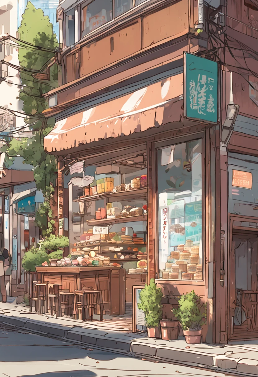 Anime - City street style scene, a woman waiting in front of a store, anime background art, detailed scenery - width 672, anime landscape concept art, anime style cityscape, Studio Ghibli anime style, Studio Ghibli art style, Studio Ghibli program, anime landscape, Studio Ghibli art style, Landscape artwork, Beautiful anime landscape, Forest city street, Ghibli art style, cake shop, cake shop, bakery cake shop, Makoto Shinkai style, Makoto Shinkai anime, Shinkai Makoto art style