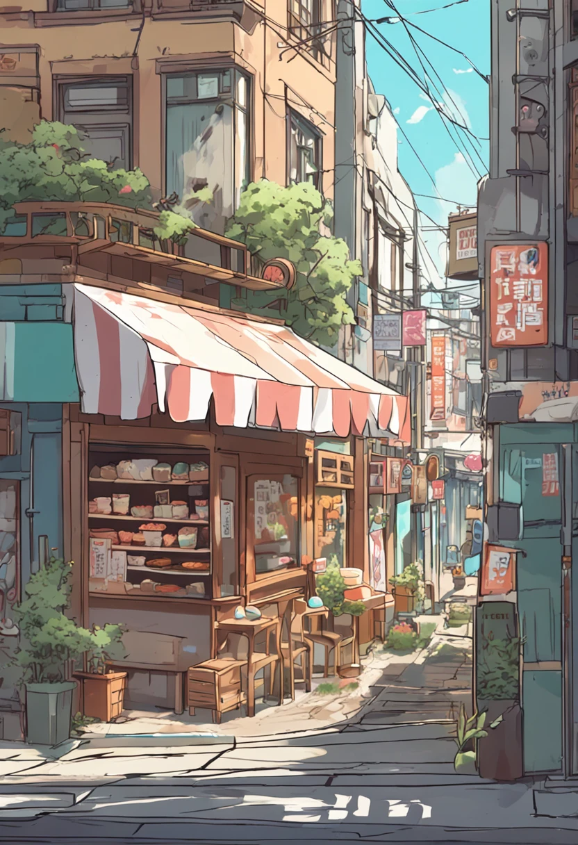 Anime - City street style scene, a woman waiting in front of a store, anime background art, detailed scenery - width 672, anime landscape concept art, anime style cityscape, Studio Ghibli anime style, Studio Ghibli art style, Studio Ghibli program, anime landscape, Studio Ghibli art style, Landscape artwork, Beautiful anime landscape, Forest city street, Ghibli art style, cake shop, cake shop, bakery cake shop, Makoto Shinkai style, Makoto Shinkai anime, Shinkai Makoto art style