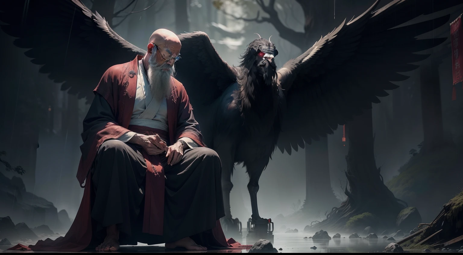 there is a very old Buddhist monk (plus 90 years old, wlong beard, tattered robes) meditate with a big vulture on his shoulder, below a dead great japanese tree. A big ethereal horse at back like a shadow of death. dark, night, rain, misterious, concept art of a monk, monk meditate, Zen meditation, inspired by Eizō Katō, 4k concept art and hyper realism, emotional concept art, ancient japanese monk, inspired by Kanō Hōgai, inspired by Shen Quan, the scene is grim