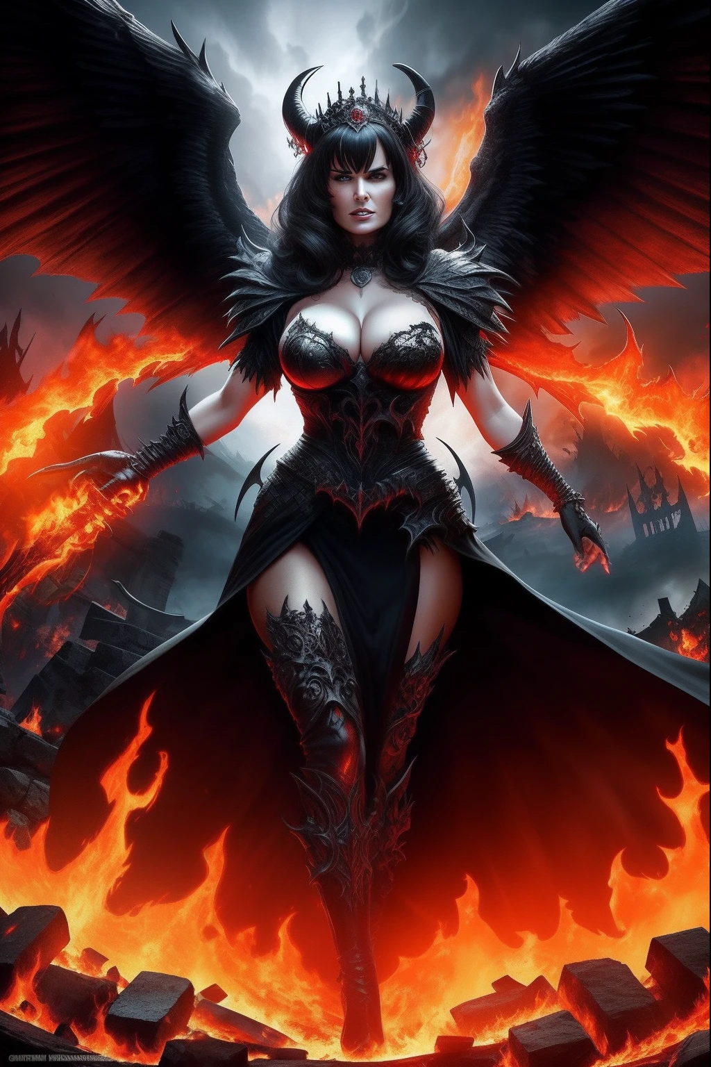 Ultra-detailed Lisa Ann stands atop a pile of burning ruins, Her diabolical and insidious presence radiating from her dark crown and black and red evil queen dress...................... Her demon wings on her back and demon horn give her an invincible aura as she unleashes a powerful wave of destruction with a single gesture..........................................