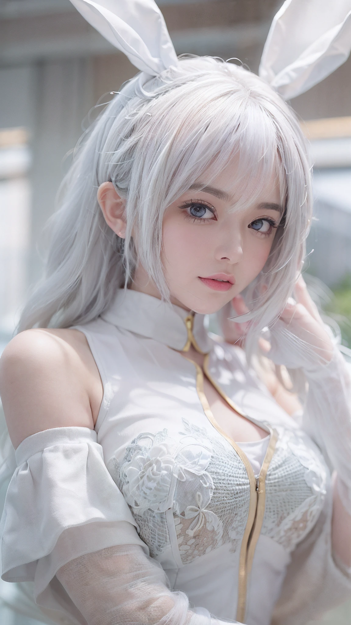 Anime girl with a pair of cat ears, Soft white hair inside the ears, Her eyes were wide open.,Curious, She was happy to see me, beautiful eyes, White hair, Pink Eyes, Good Art, Good painting, anime 2D, 2D, Lovely, 2 hands,5 fingers on each hand, Beautiful hands, well drawn hands, 4K, 8K,bust